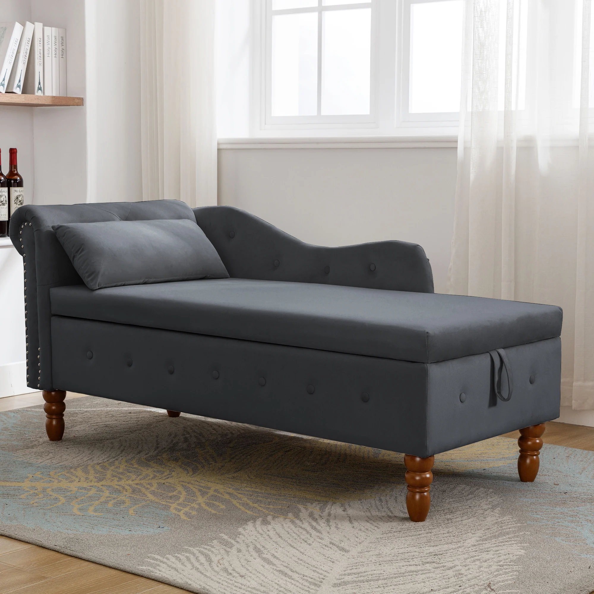 Tufted Velvet Upholstered Rolled Arm Nailhead Chaise Lounge - Image 24
