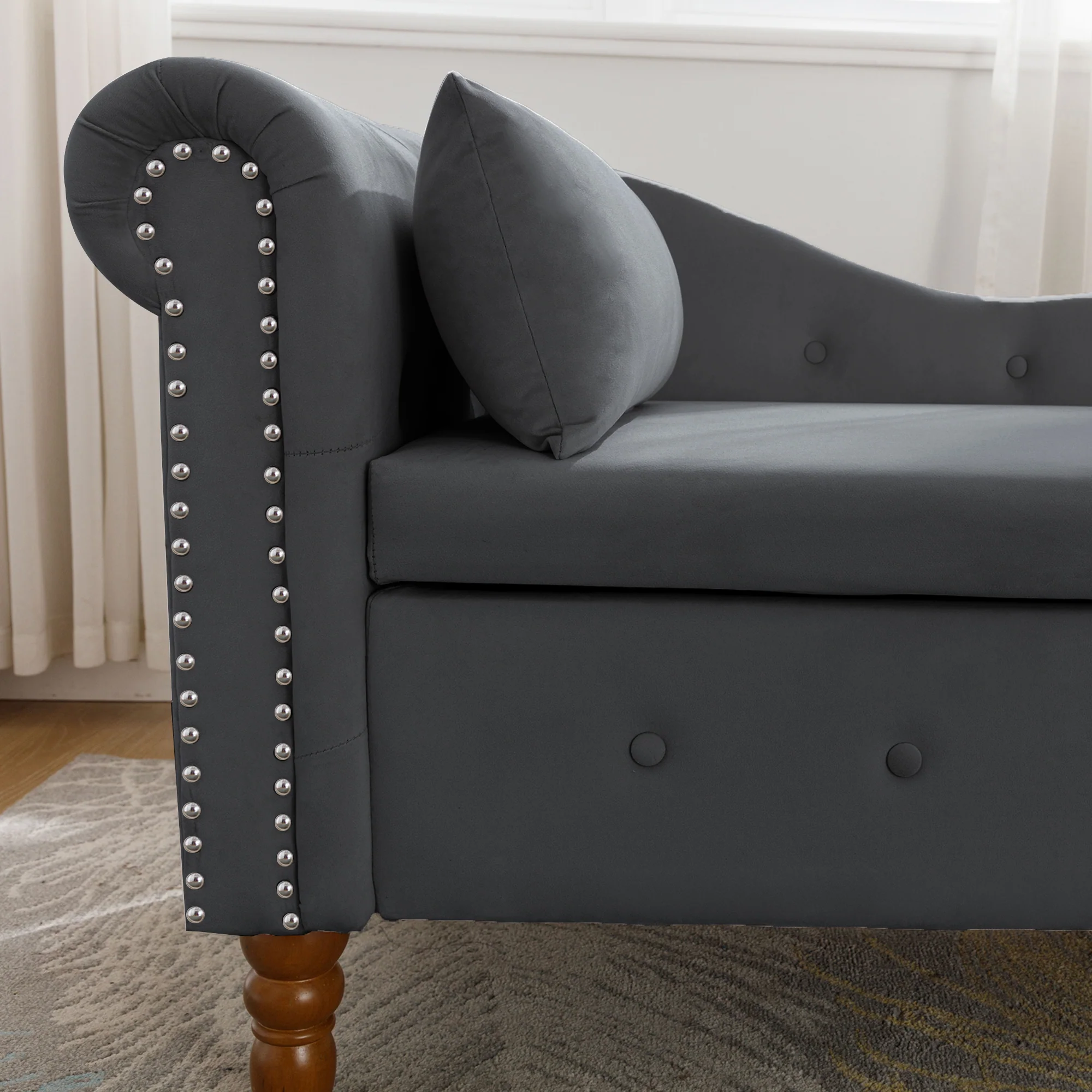 Tufted Velvet Upholstered Rolled Arm Nailhead Chaise Lounge - Image 31