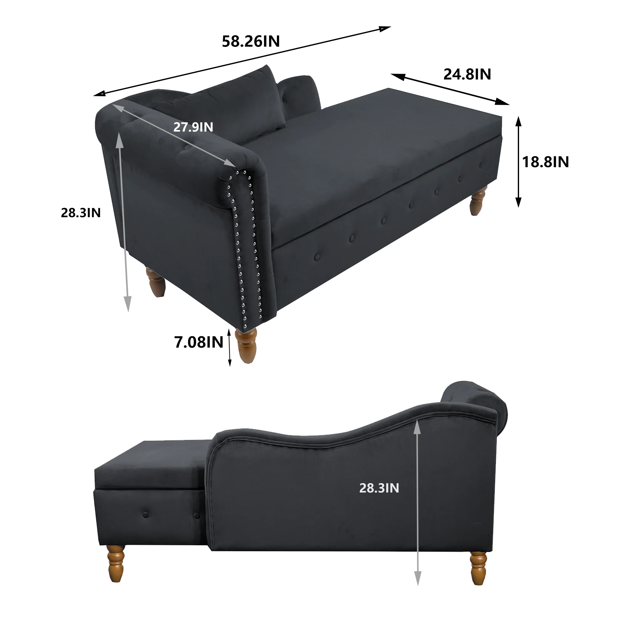 Tufted Velvet Upholstered Rolled Arm Nailhead Chaise Lounge - Image 43