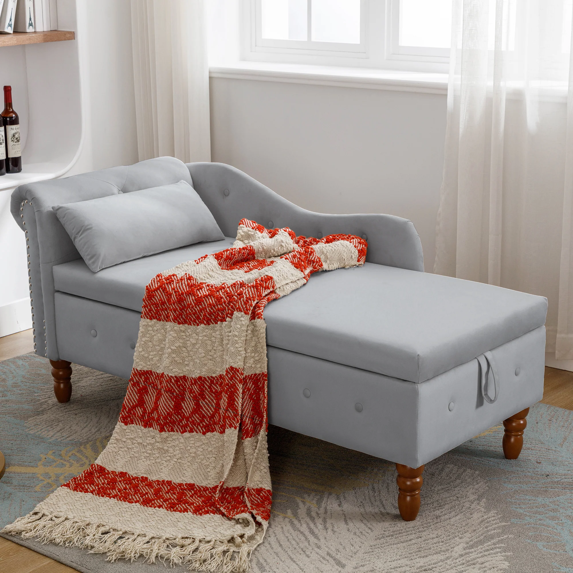 Tufted Velvet Upholstered Rolled Arm Nailhead Chaise Lounge - Image 45