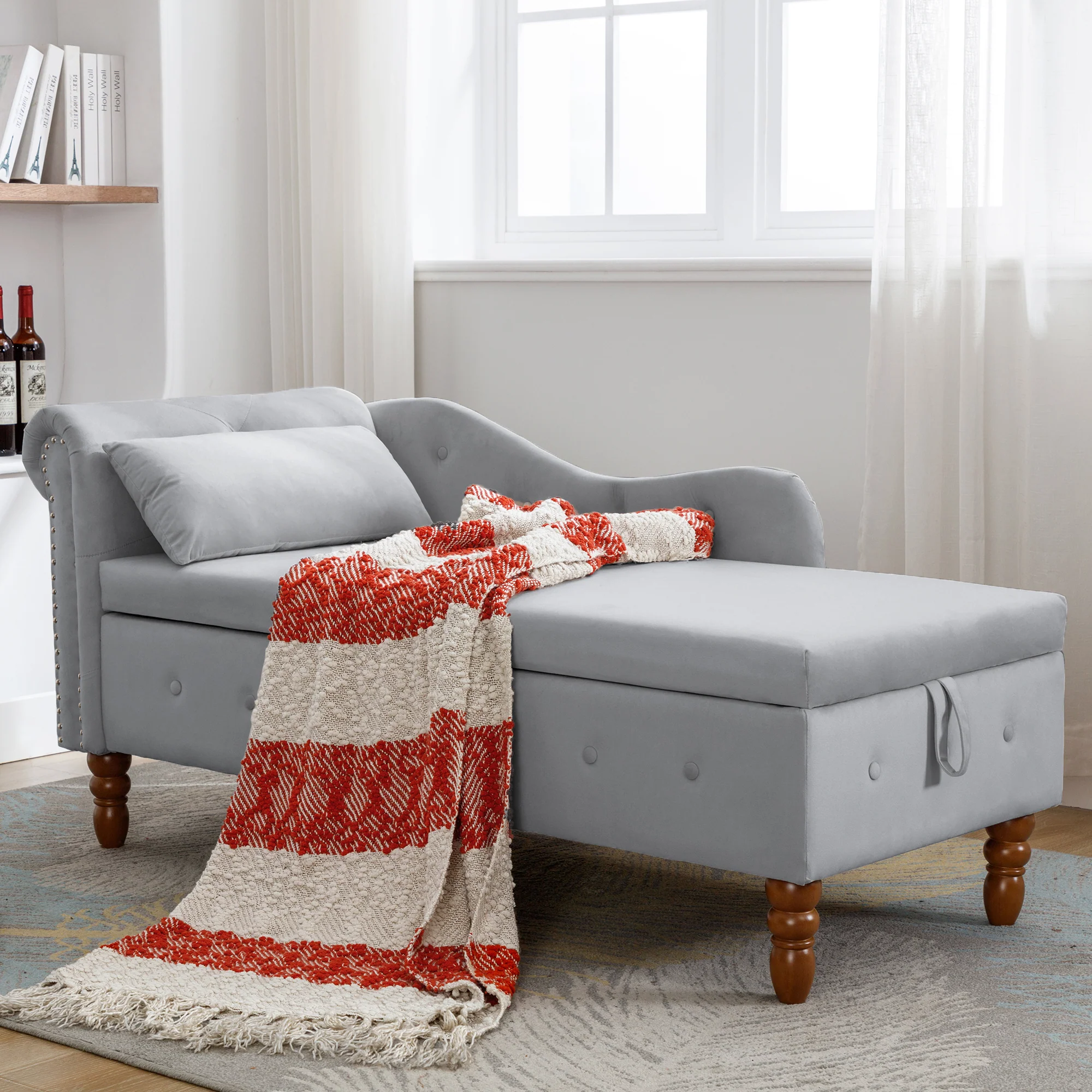 Tufted Velvet Upholstered Rolled Arm Nailhead Chaise Lounge - Image 46