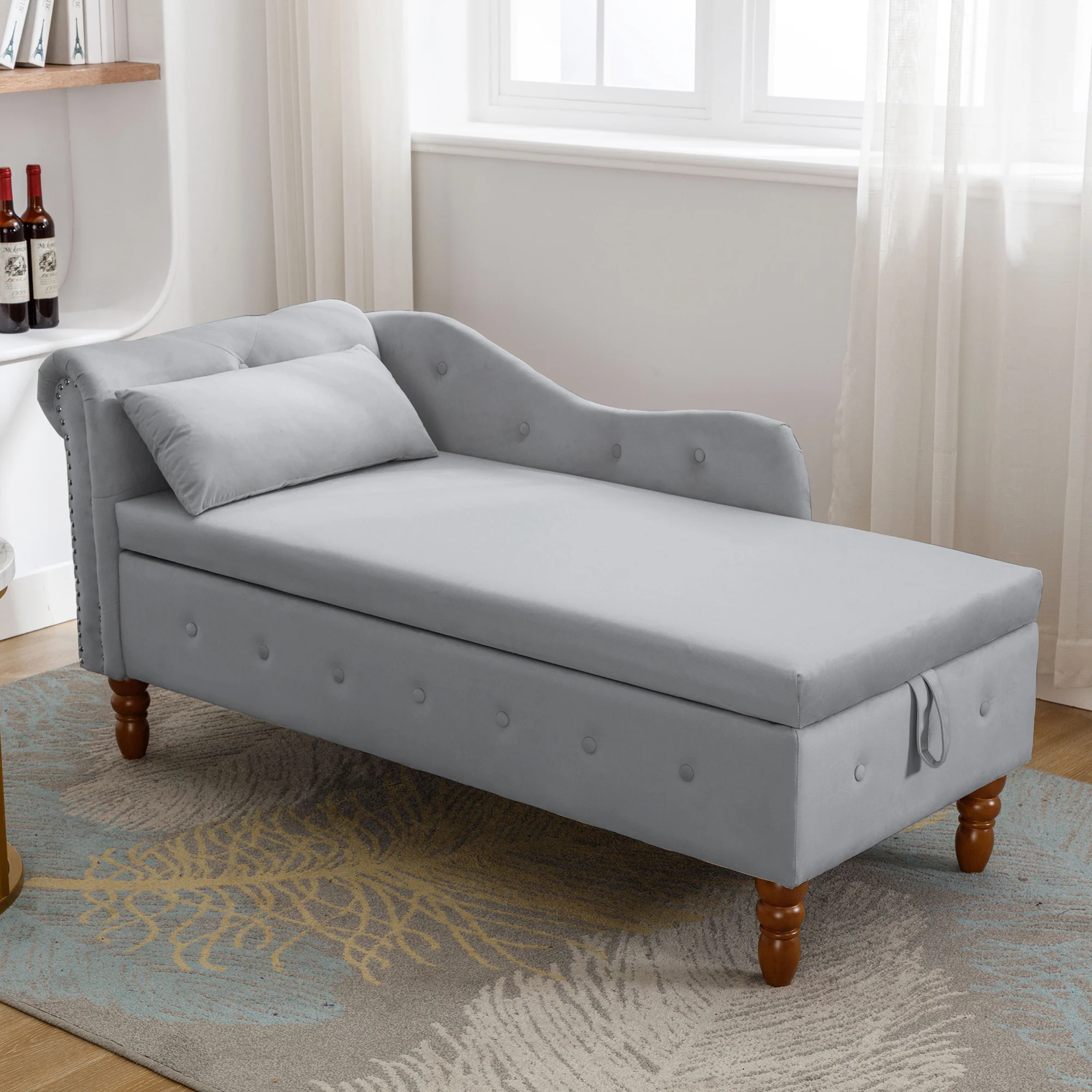 Tufted Velvet Upholstered Rolled Arm Nailhead Chaise Lounge - Image 47