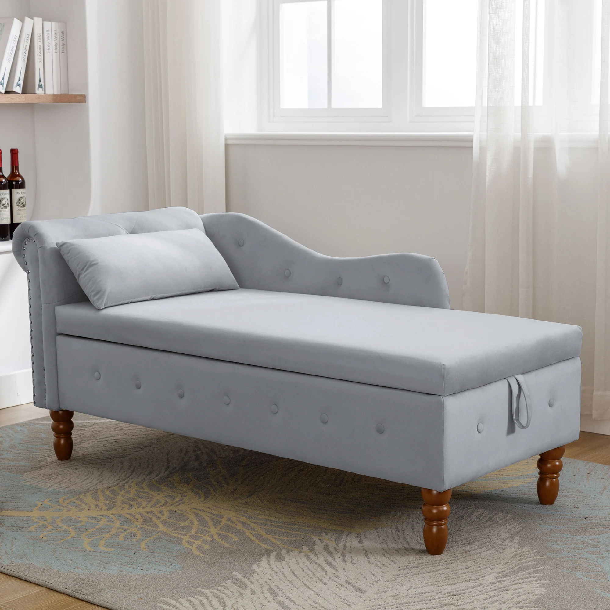 Tufted Velvet Upholstered Rolled Arm Nailhead Chaise Lounge - Image 48