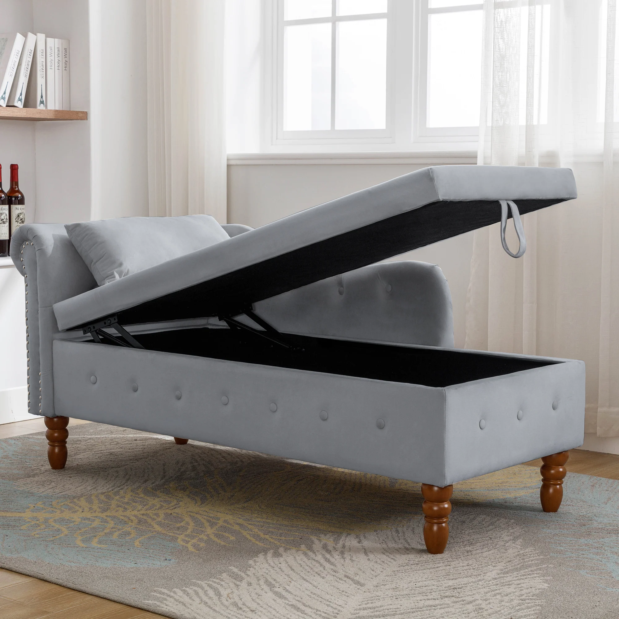 Tufted Velvet Upholstered Rolled Arm Nailhead Chaise Lounge - Image 49