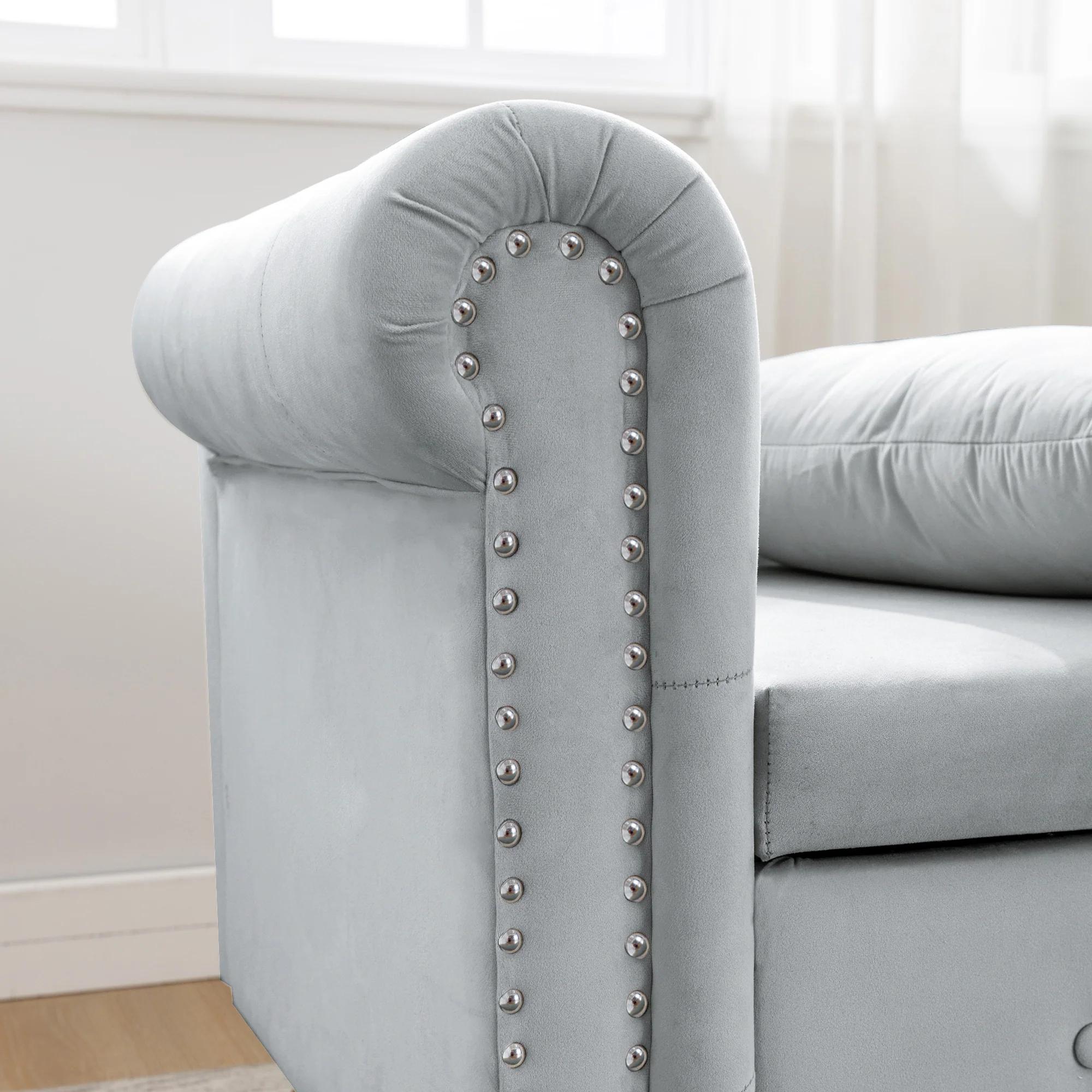 Tufted Velvet Upholstered Rolled Arm Nailhead Chaise Lounge - Image 56