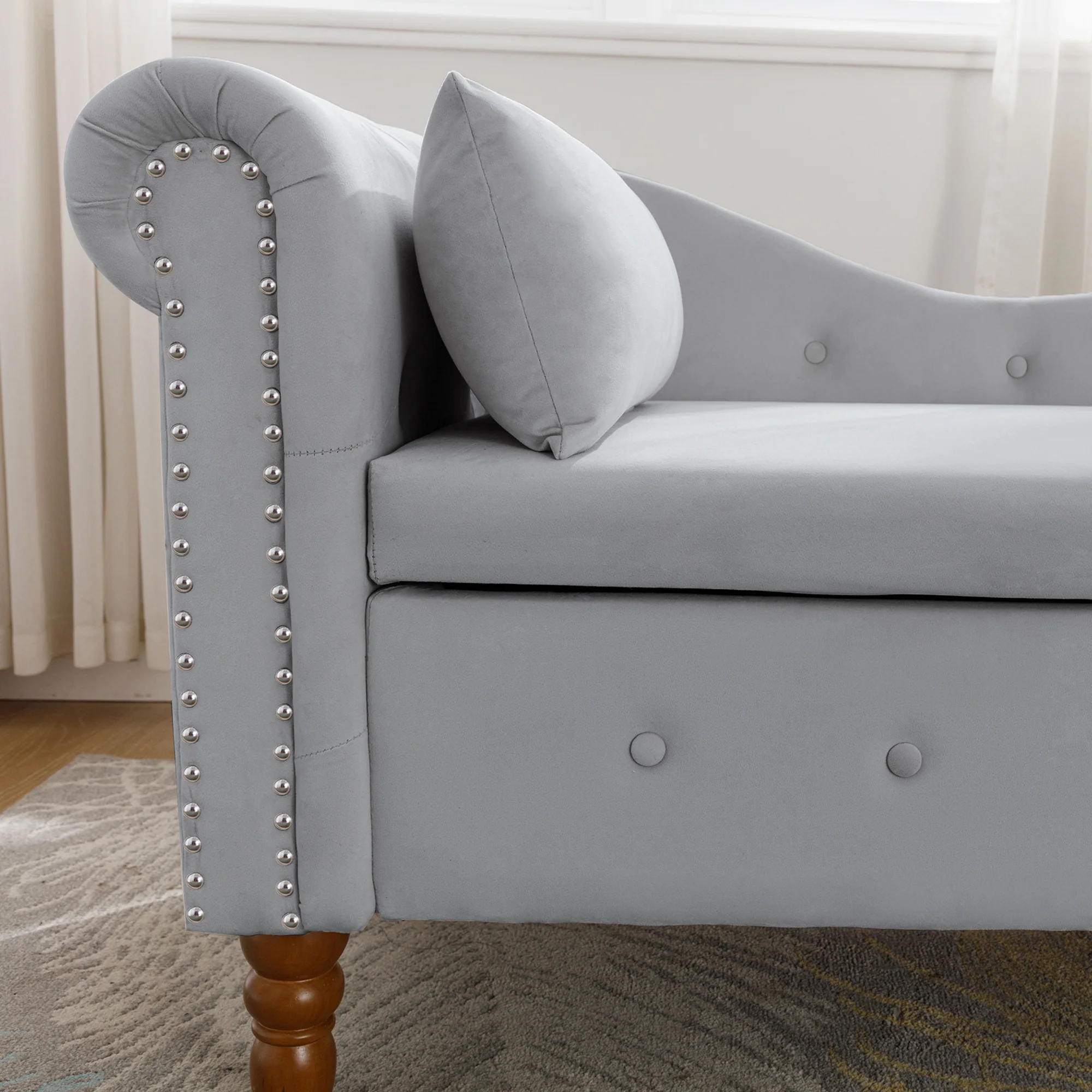 Tufted Velvet Upholstered Rolled Arm Nailhead Chaise Lounge - Image 57