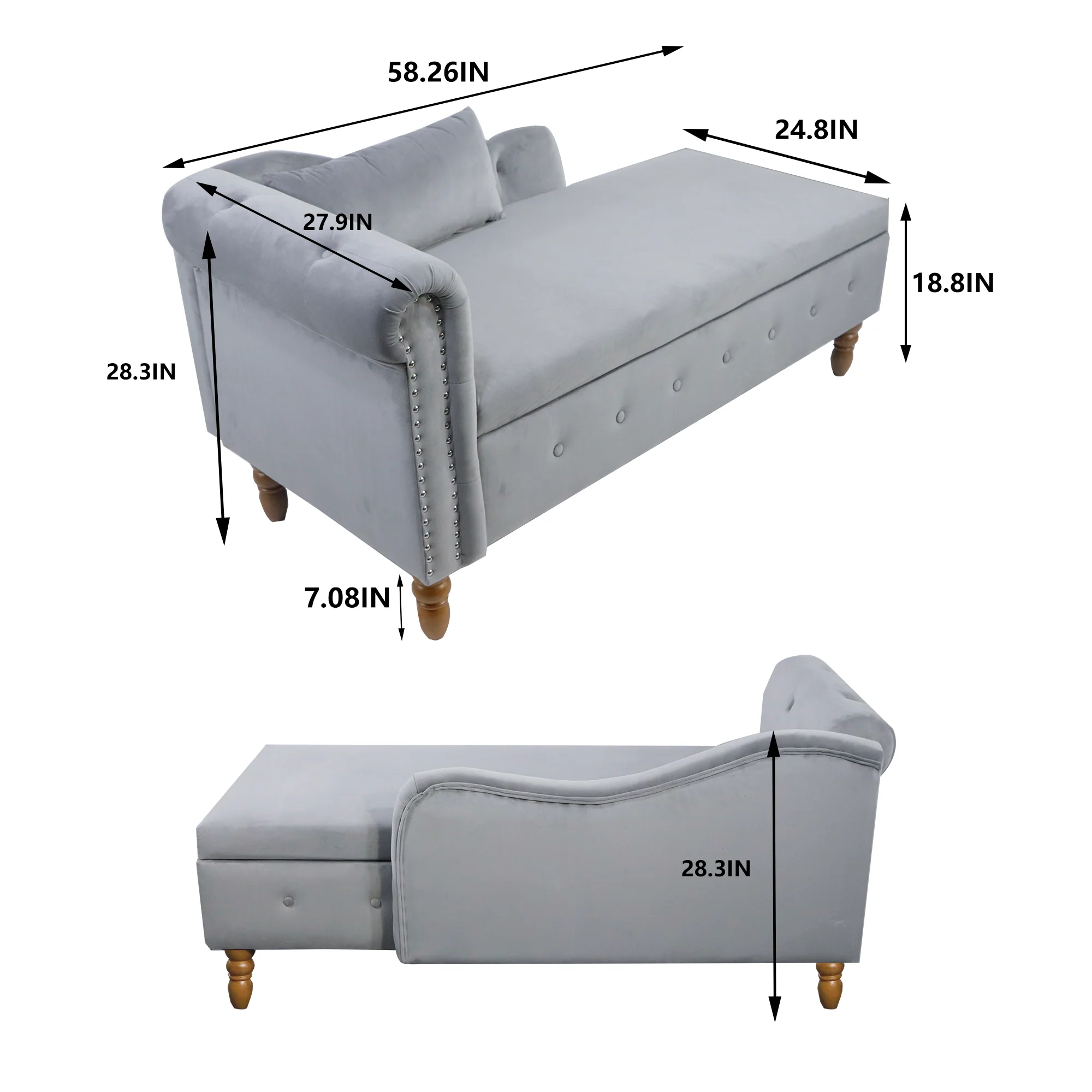 Tufted Velvet Upholstered Rolled Arm Nailhead Chaise Lounge - Image 58