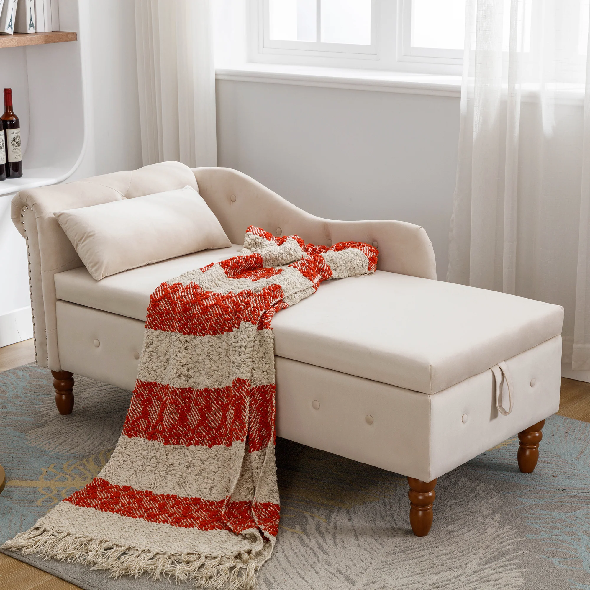 Tufted Velvet Upholstered Rolled Arm Nailhead Chaise Lounge - Image 6