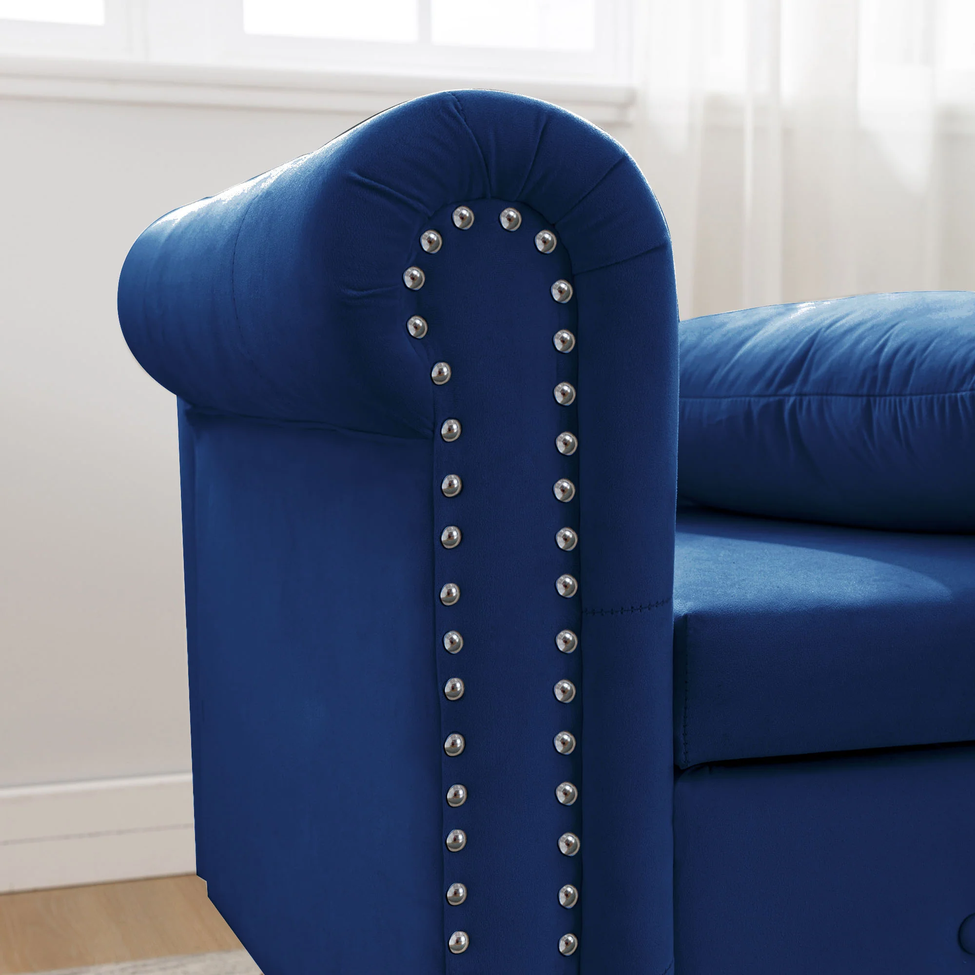 Tufted Velvet Upholstered Rolled Arm Nailhead Chaise Lounge - Image 64