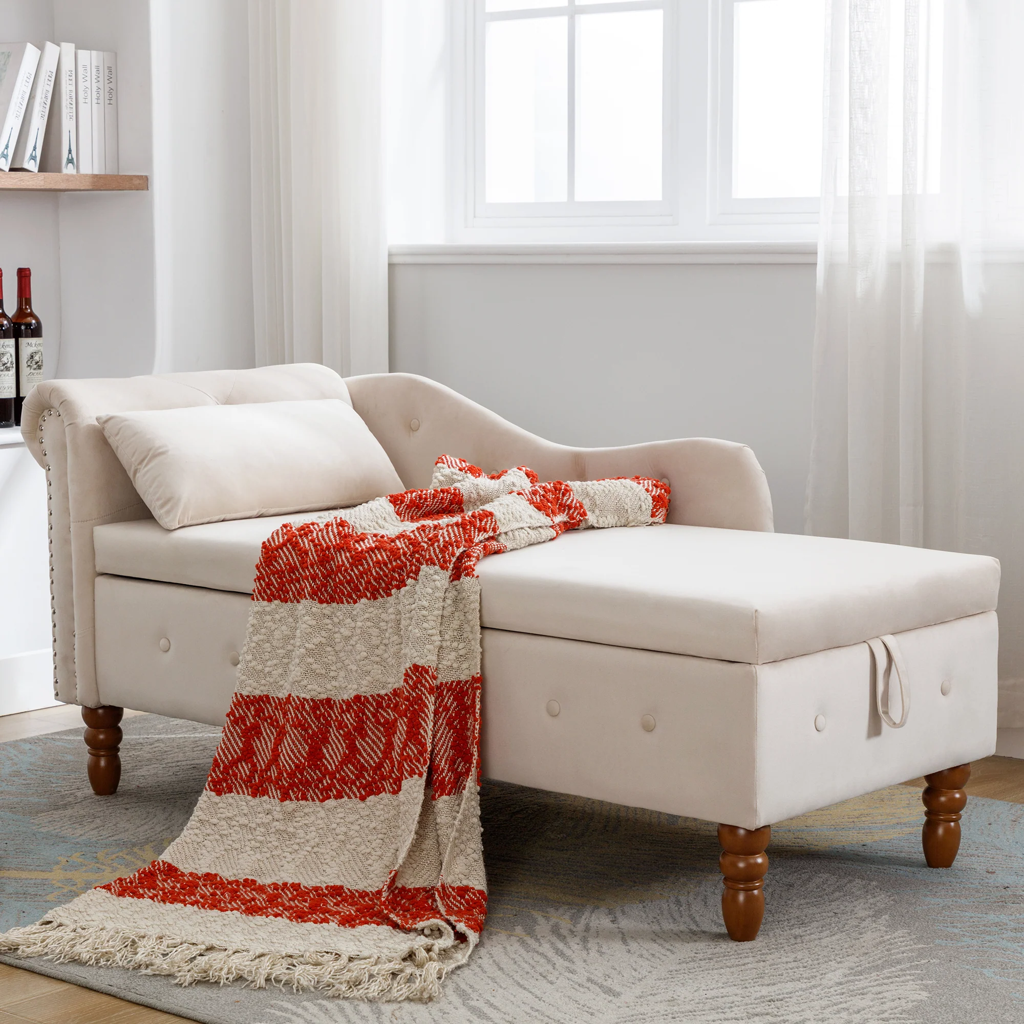 Tufted Velvet Upholstered Rolled Arm Nailhead Chaise Lounge - Image 7