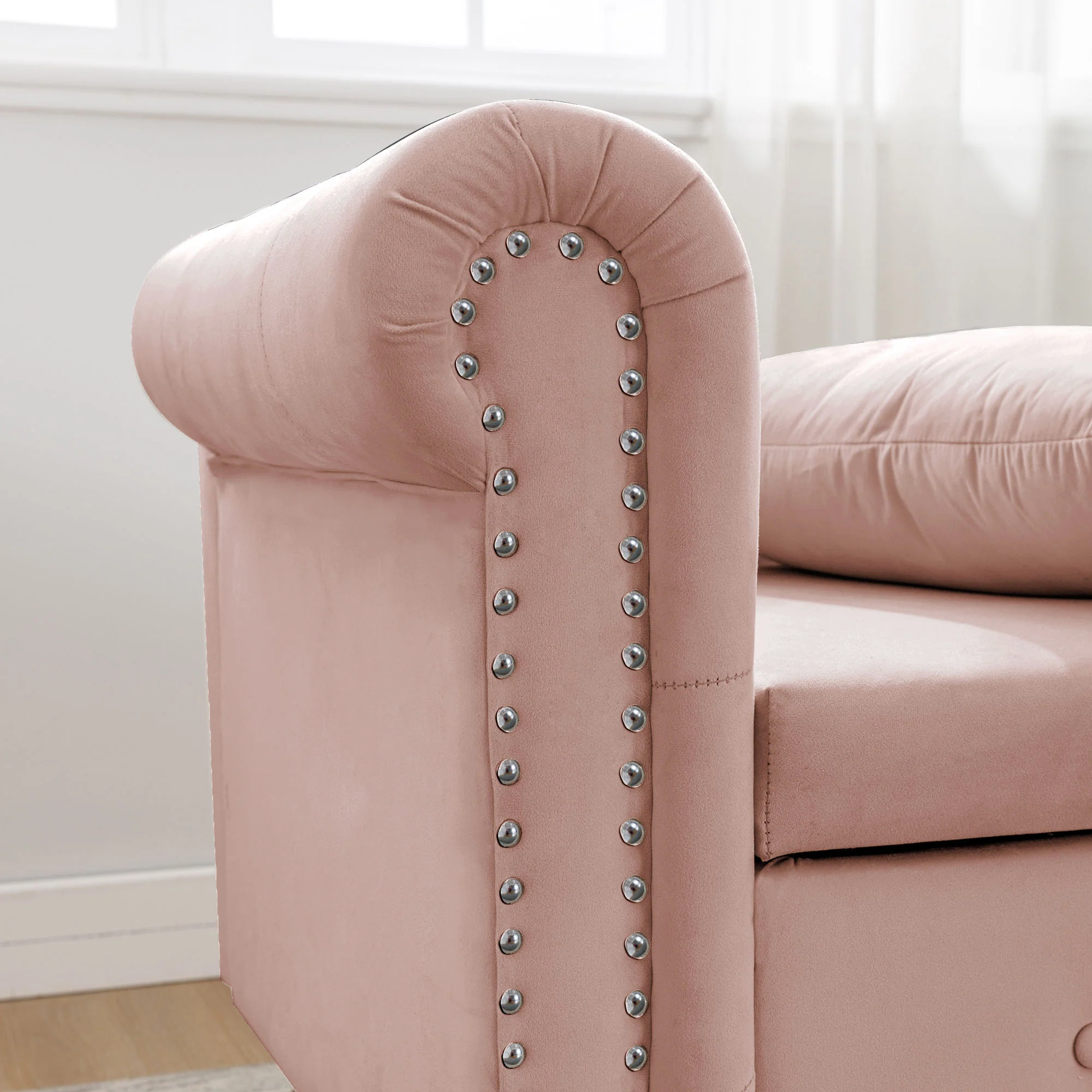 Tufted Velvet Upholstered Rolled Arm Nailhead Chaise Lounge - Image 82