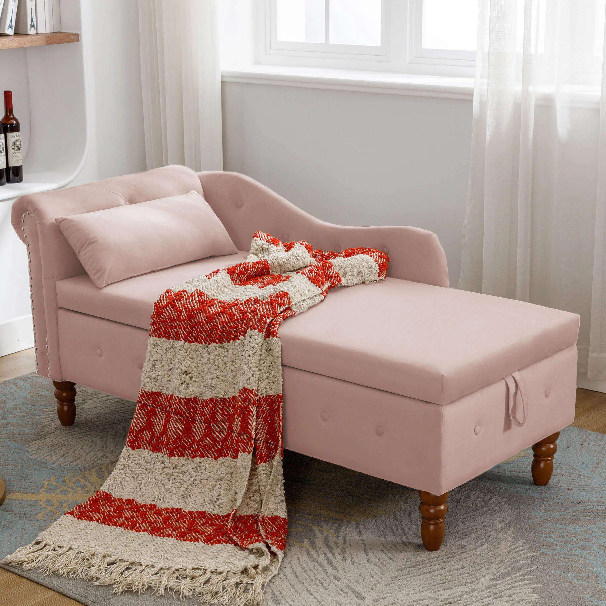Tufted Velvet Upholstered Rolled Arm Nailhead Chaise Lounge - Image 83