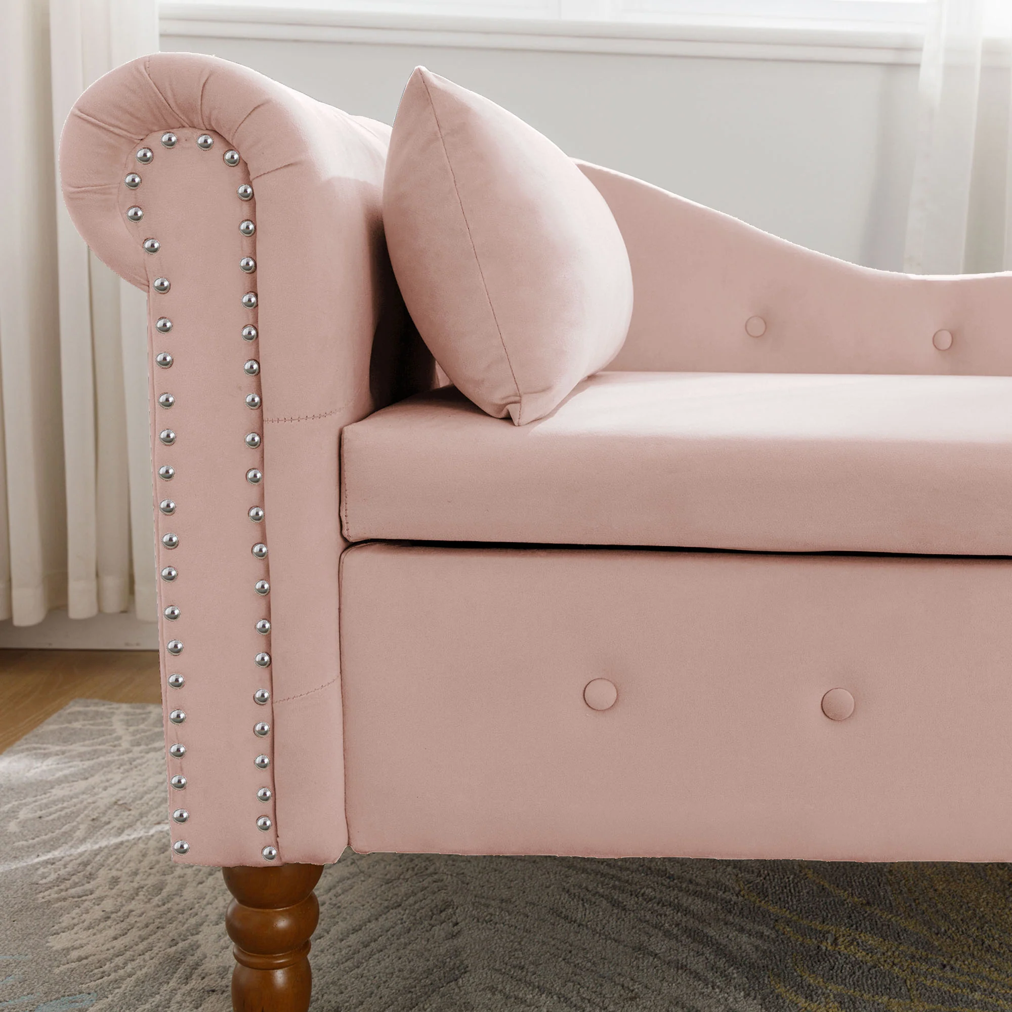 Tufted Velvet Upholstered Rolled Arm Nailhead Chaise Lounge - Image 87