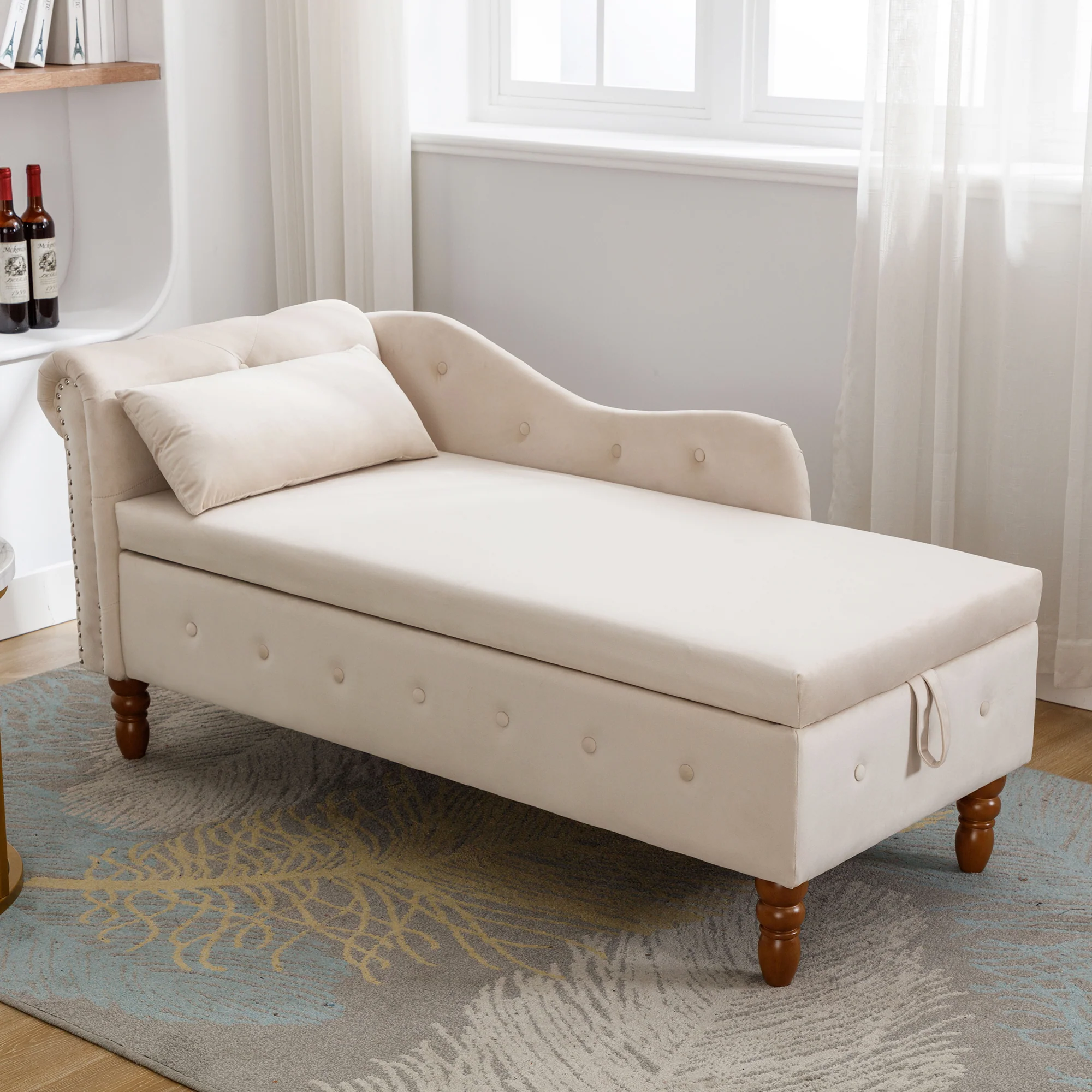 Tufted Velvet Upholstered Rolled Arm Nailhead Chaise Lounge - Image 9