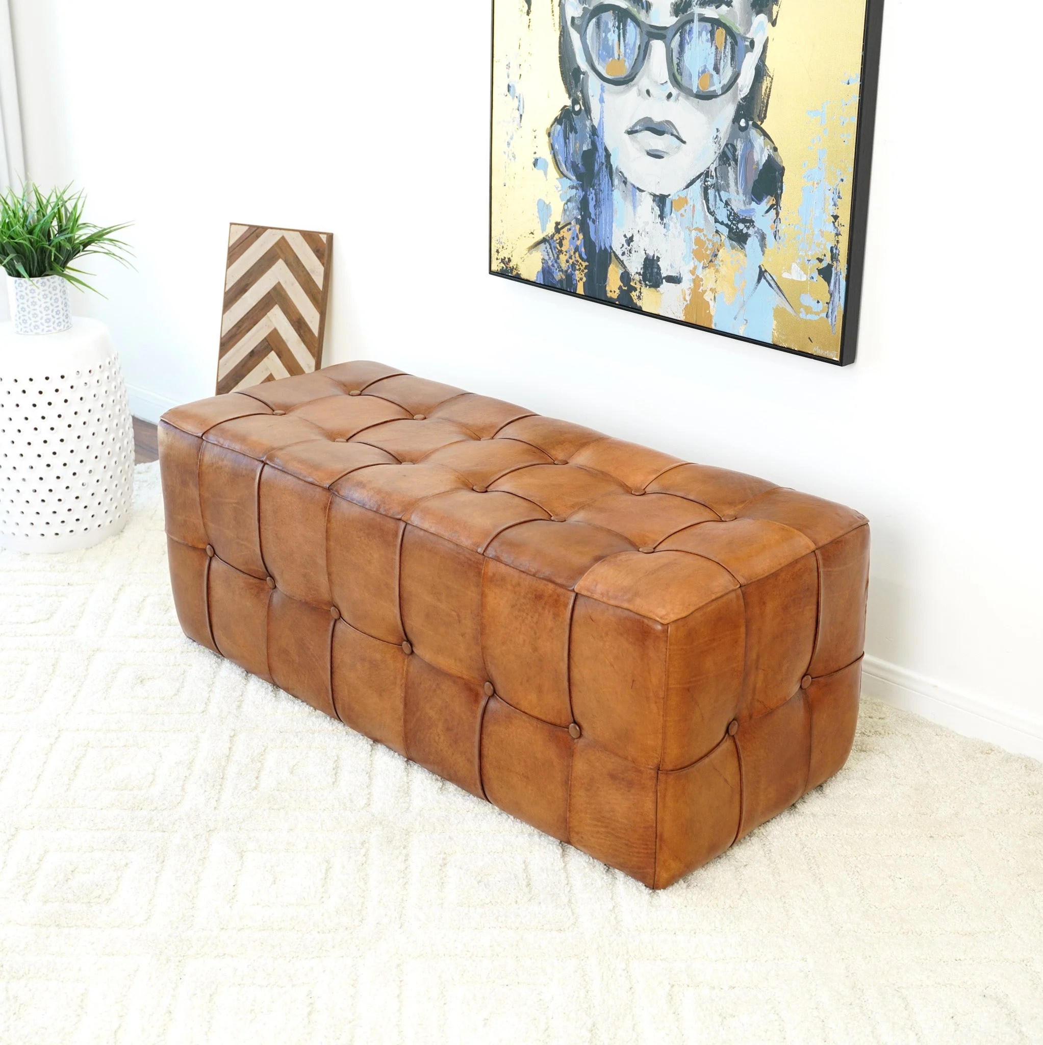 Benjiro Mid-Century Modern Tan Leather Tufted Ottoman