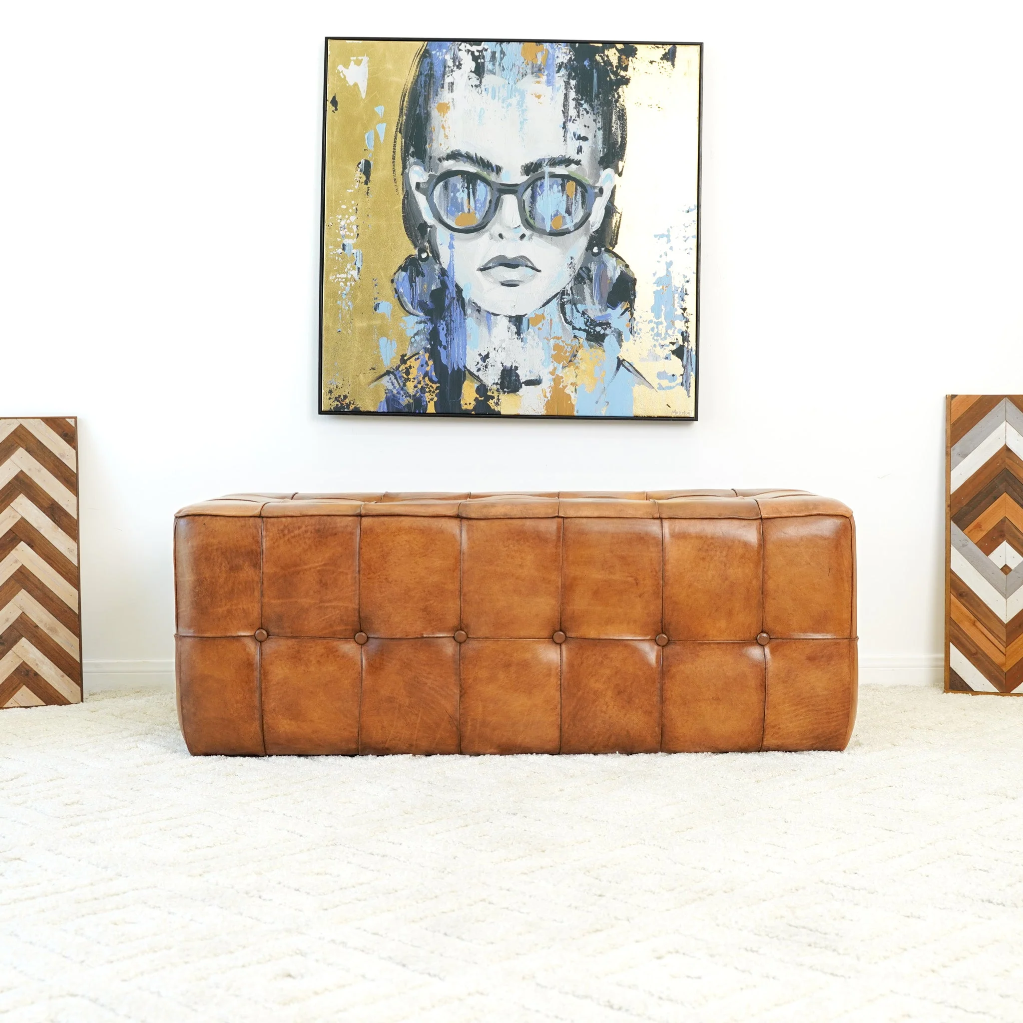 Benjiro Mid-Century Modern Tan Leather Tufted Ottoman - Image 10