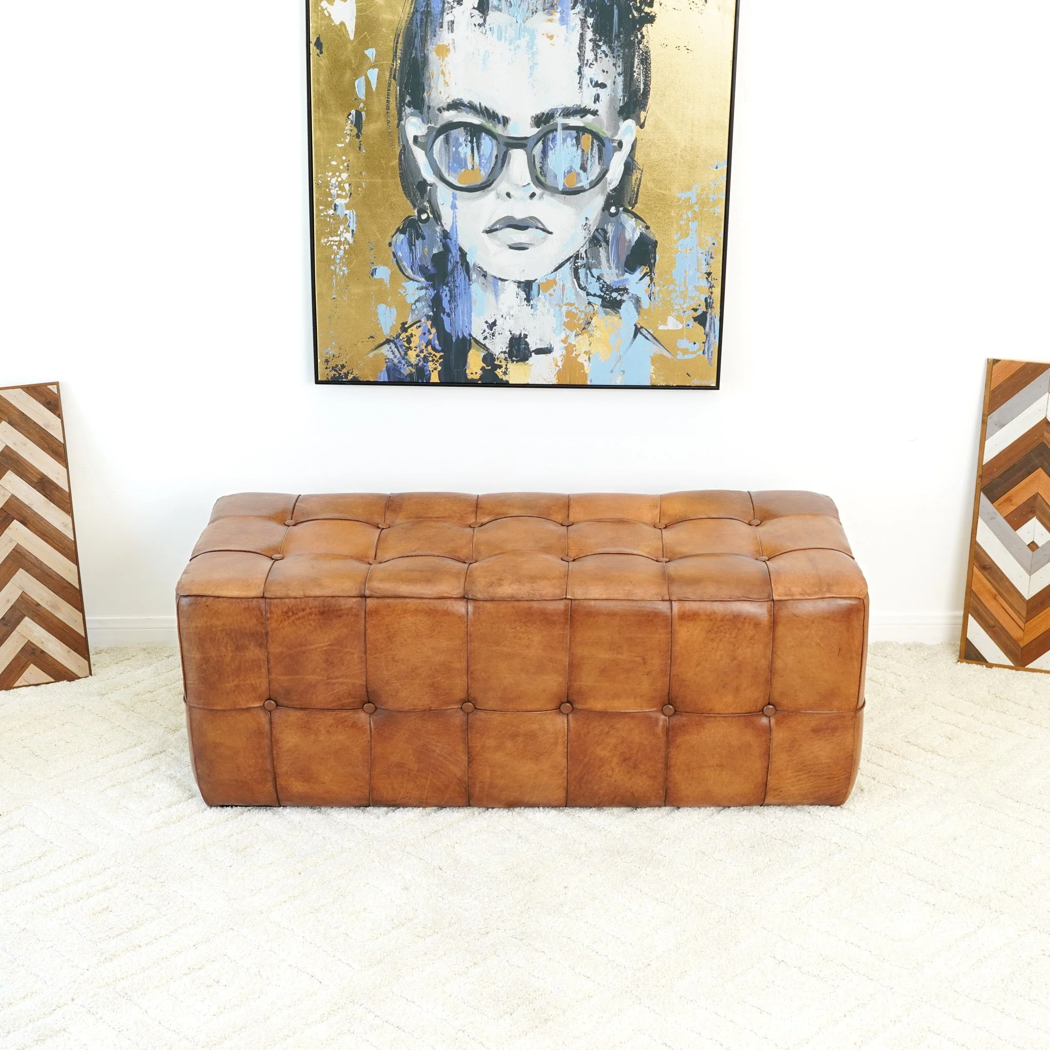 Benjiro Mid-Century Modern Tan Leather Tufted Ottoman - Image 11