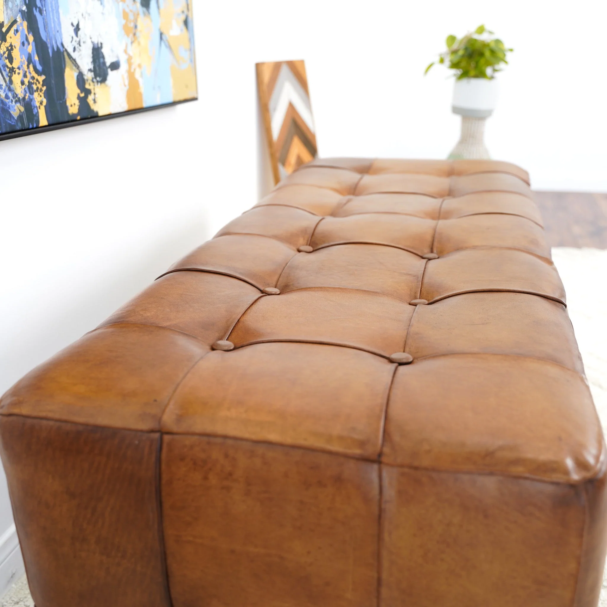 Benjiro Mid-Century Modern Tan Leather Tufted Ottoman - Image 12