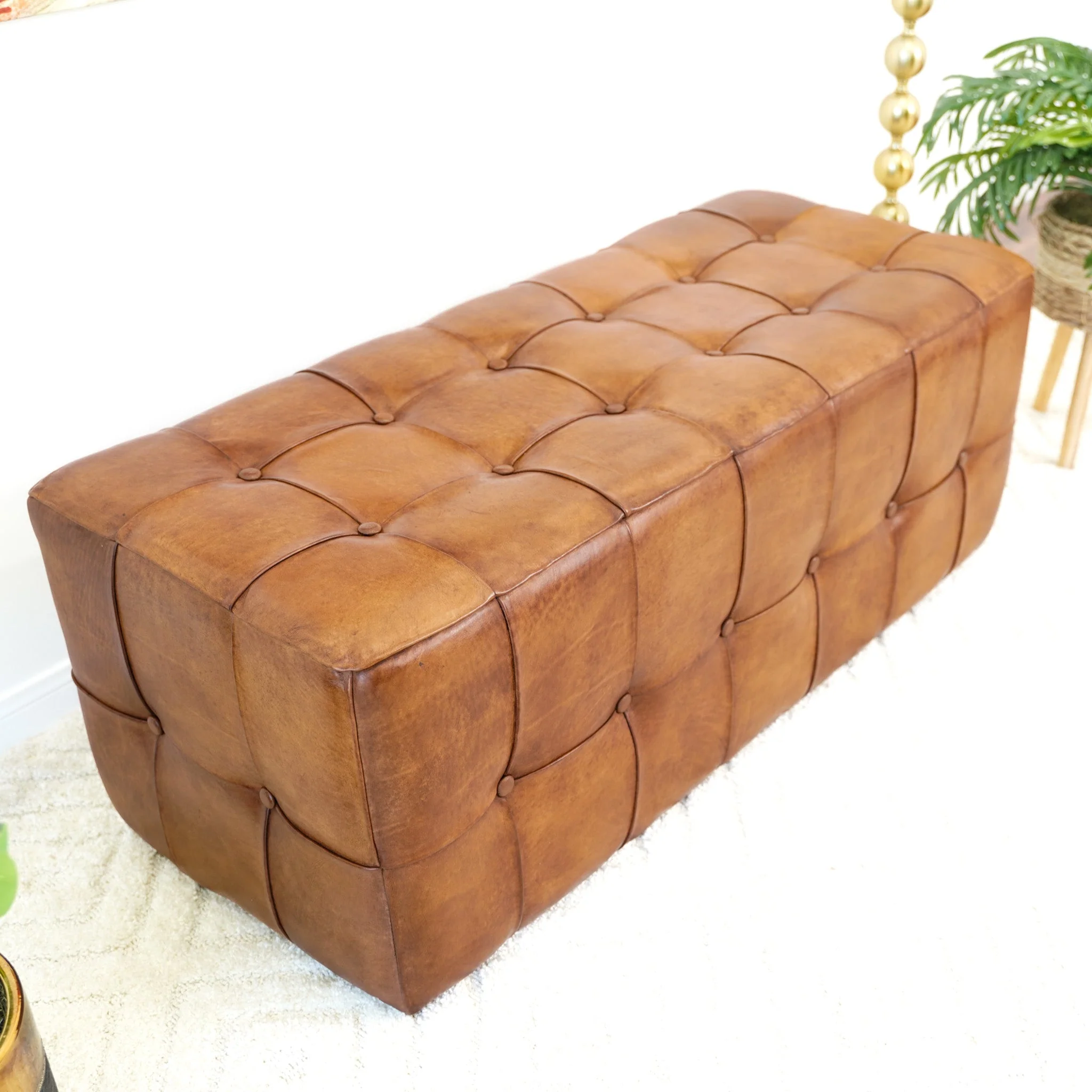 Benjiro Mid-Century Modern Tan Leather Tufted Ottoman - Image 13