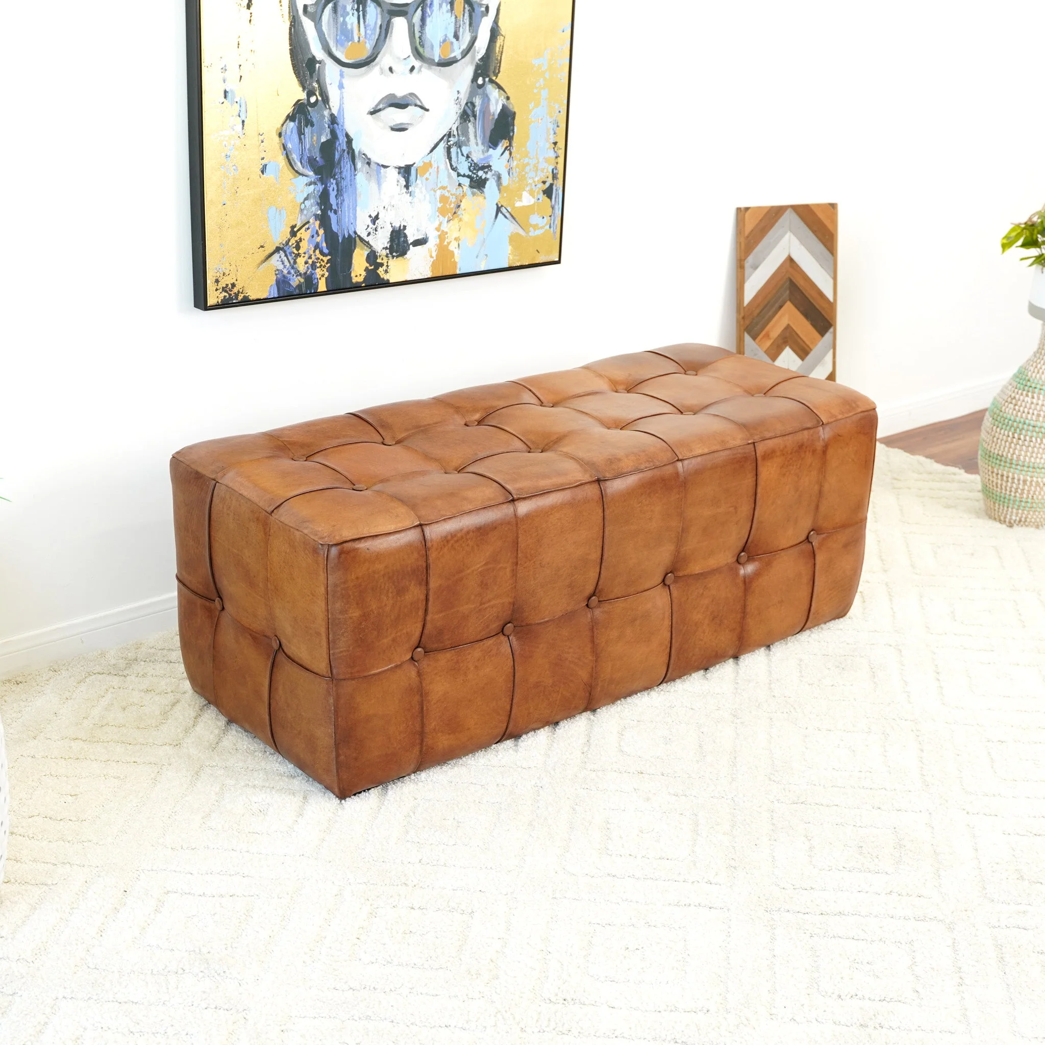 Benjiro Mid-Century Modern Tan Leather Tufted Ottoman - Image 14