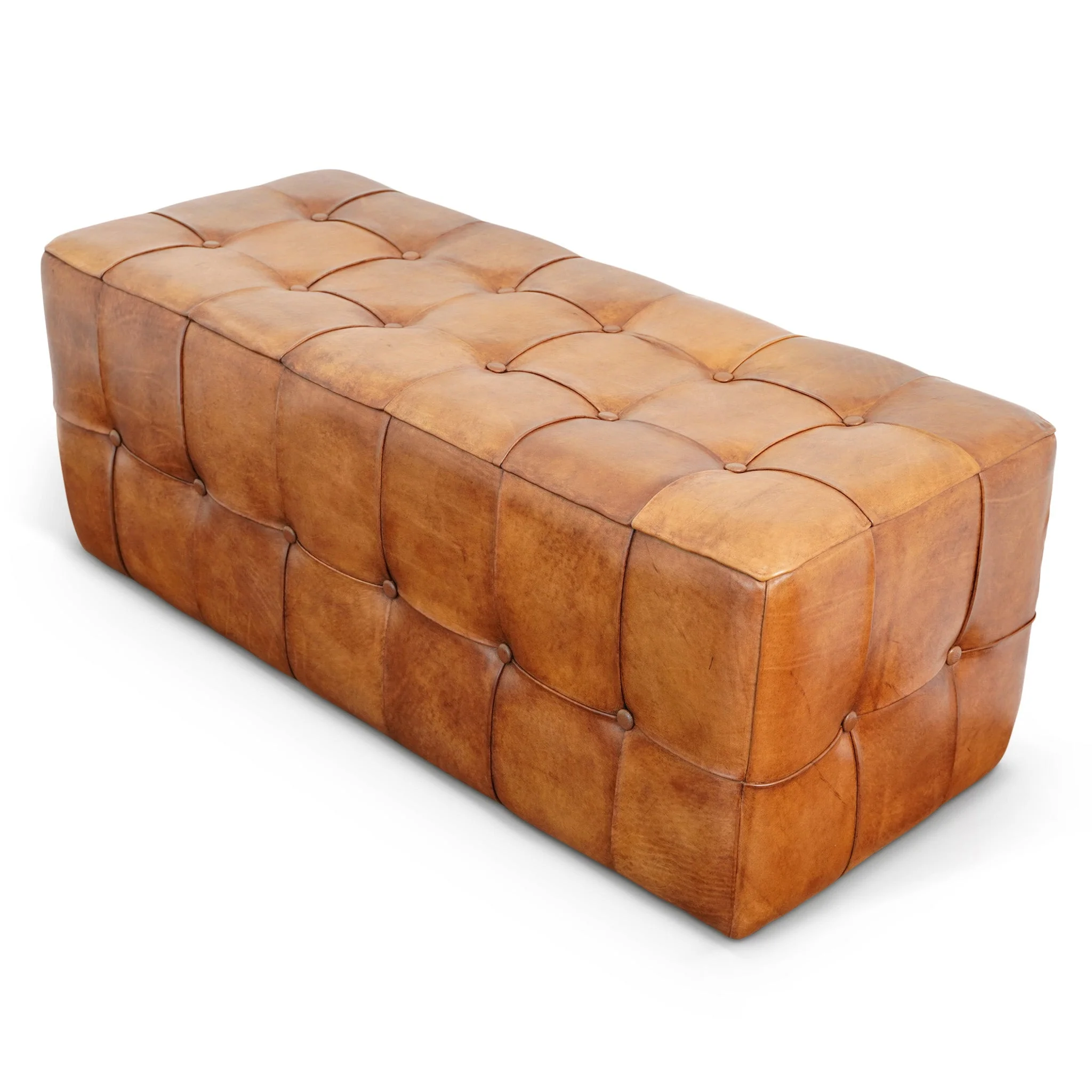 Benjiro Mid-Century Modern Tan Leather Tufted Ottoman - Image 4