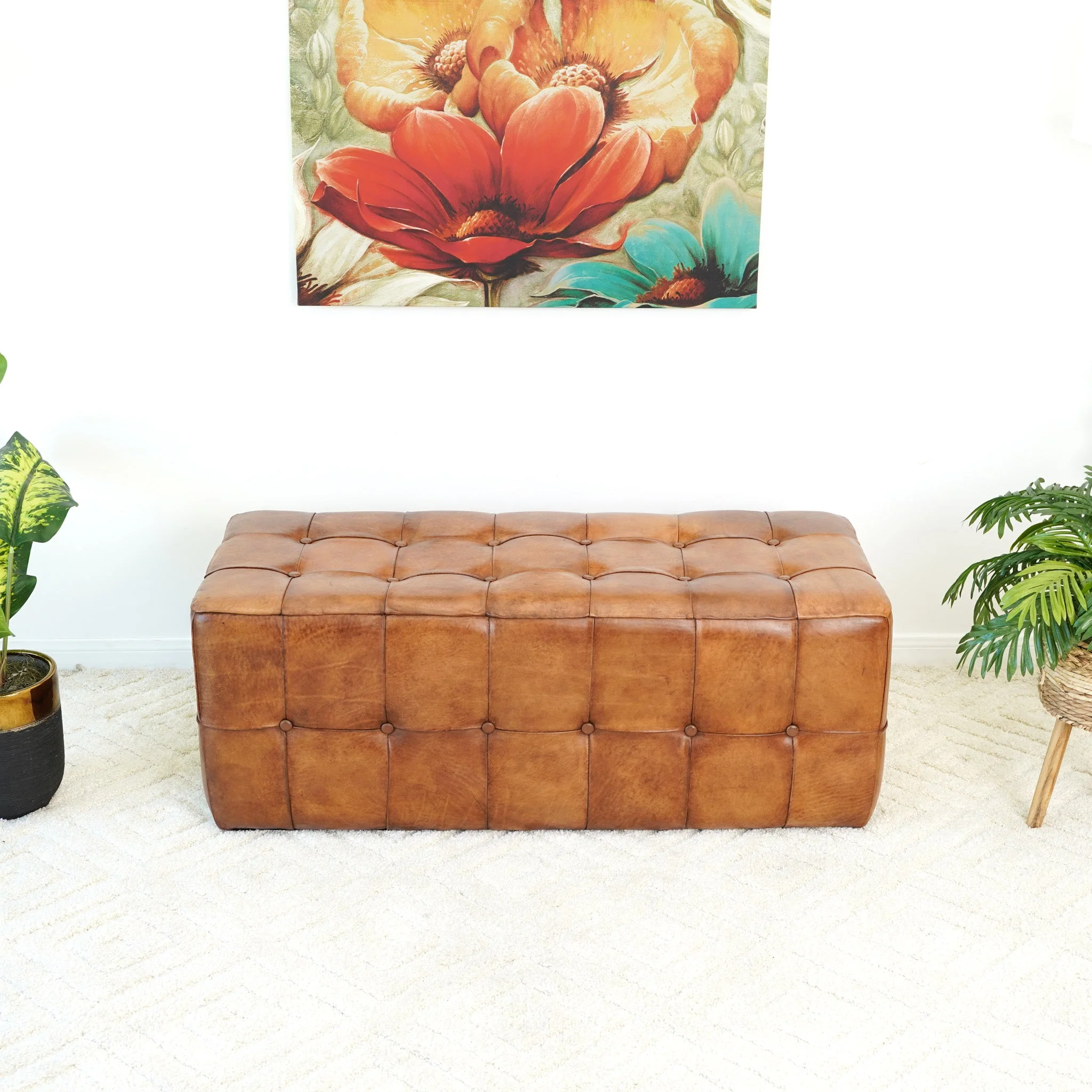 Benjiro Mid-Century Modern Tan Leather Tufted Ottoman - Image 6