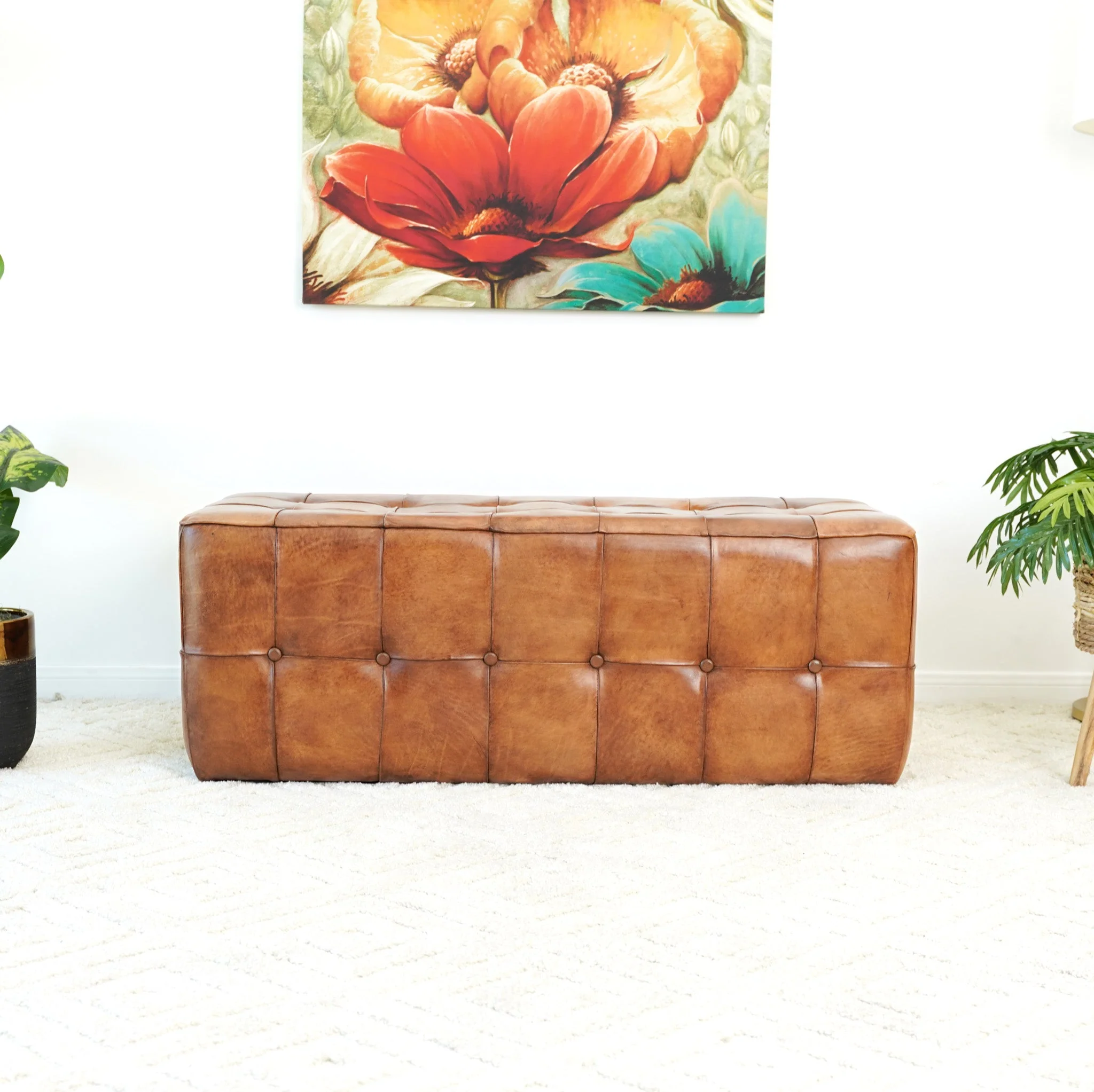 Benjiro Mid-Century Modern Tan Leather Tufted Ottoman - Image 7