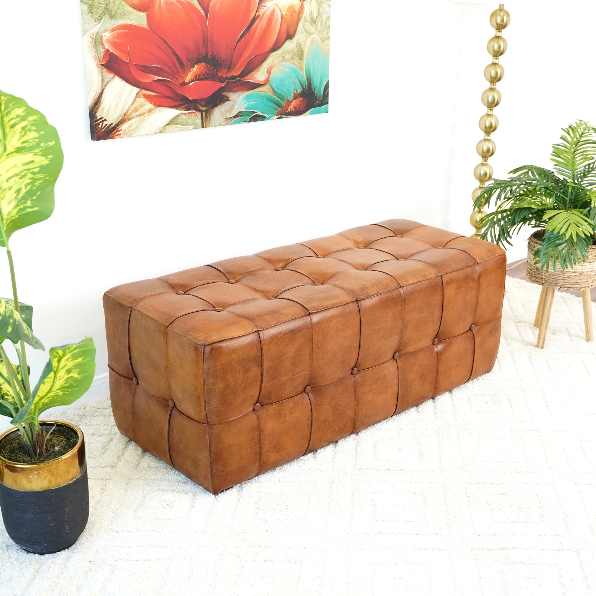 Benjiro Mid-Century Modern Tan Leather Tufted Ottoman - Image 8