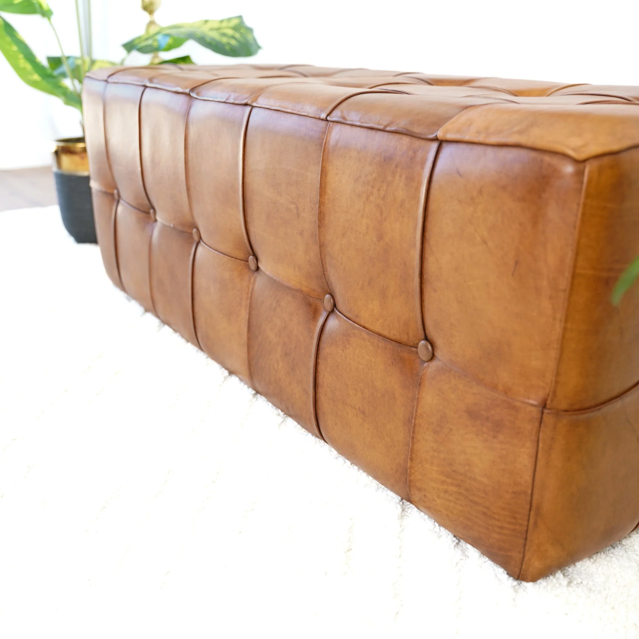 Benjiro Mid-Century Modern Tan Leather Tufted Ottoman - Image 9