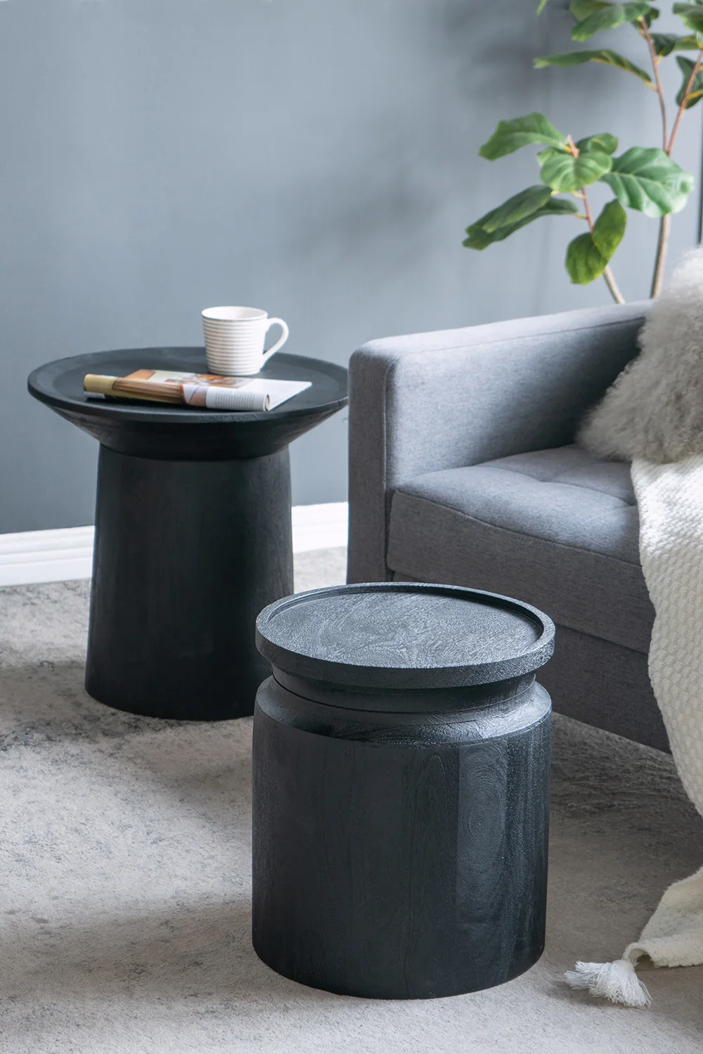 Black Wooden Cylinder Side Table - Image 5