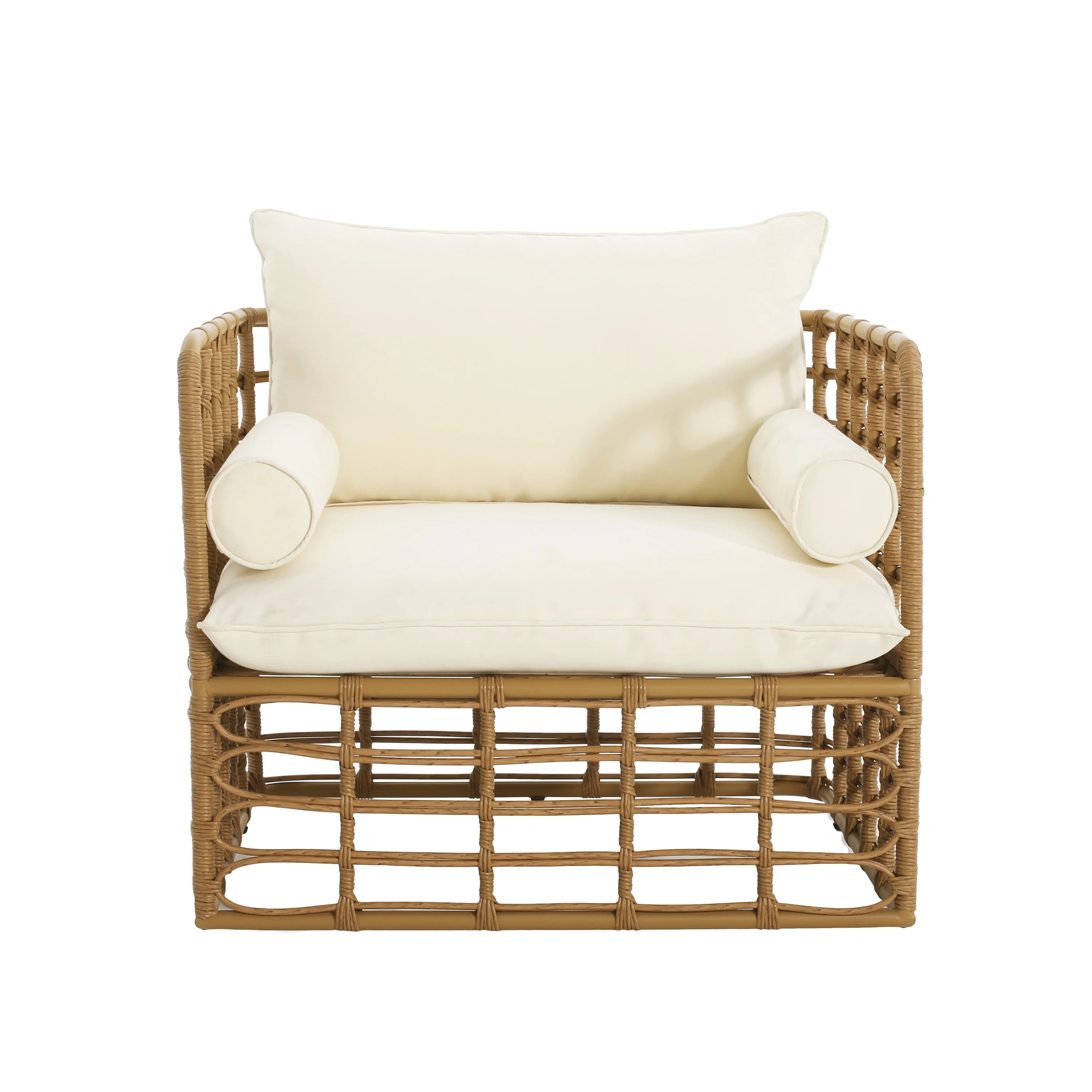 Blithely Outdoor Rattan Accent Chair with Cushions and Open Weave Boho Design - Image 4