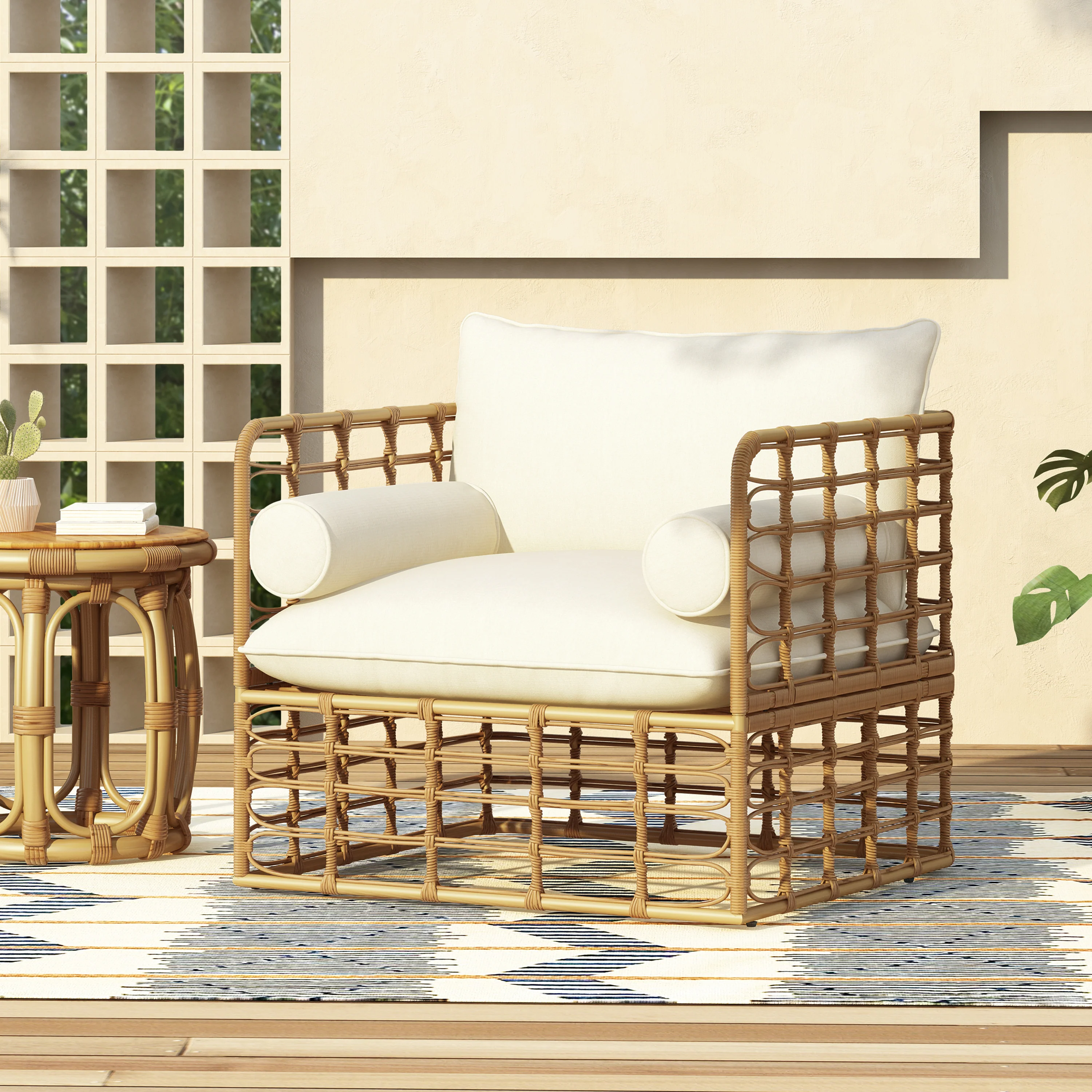Blithely Outdoor Rattan Accent Chair with Cushions and Open Weave Boho Design - Image 7