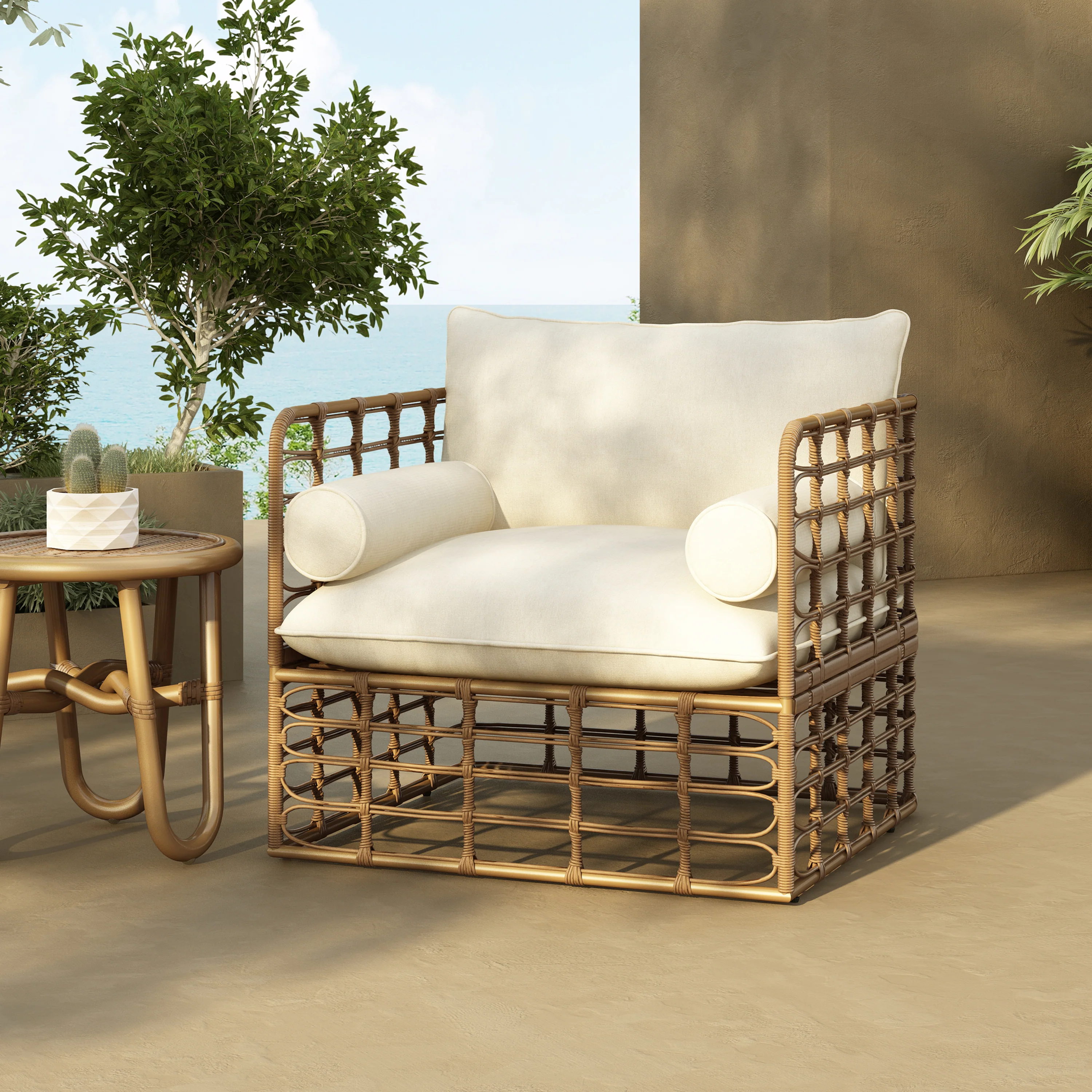 Blithely Outdoor Rattan Accent Chair with Cushions and Open Weave Boho Design - Image 8