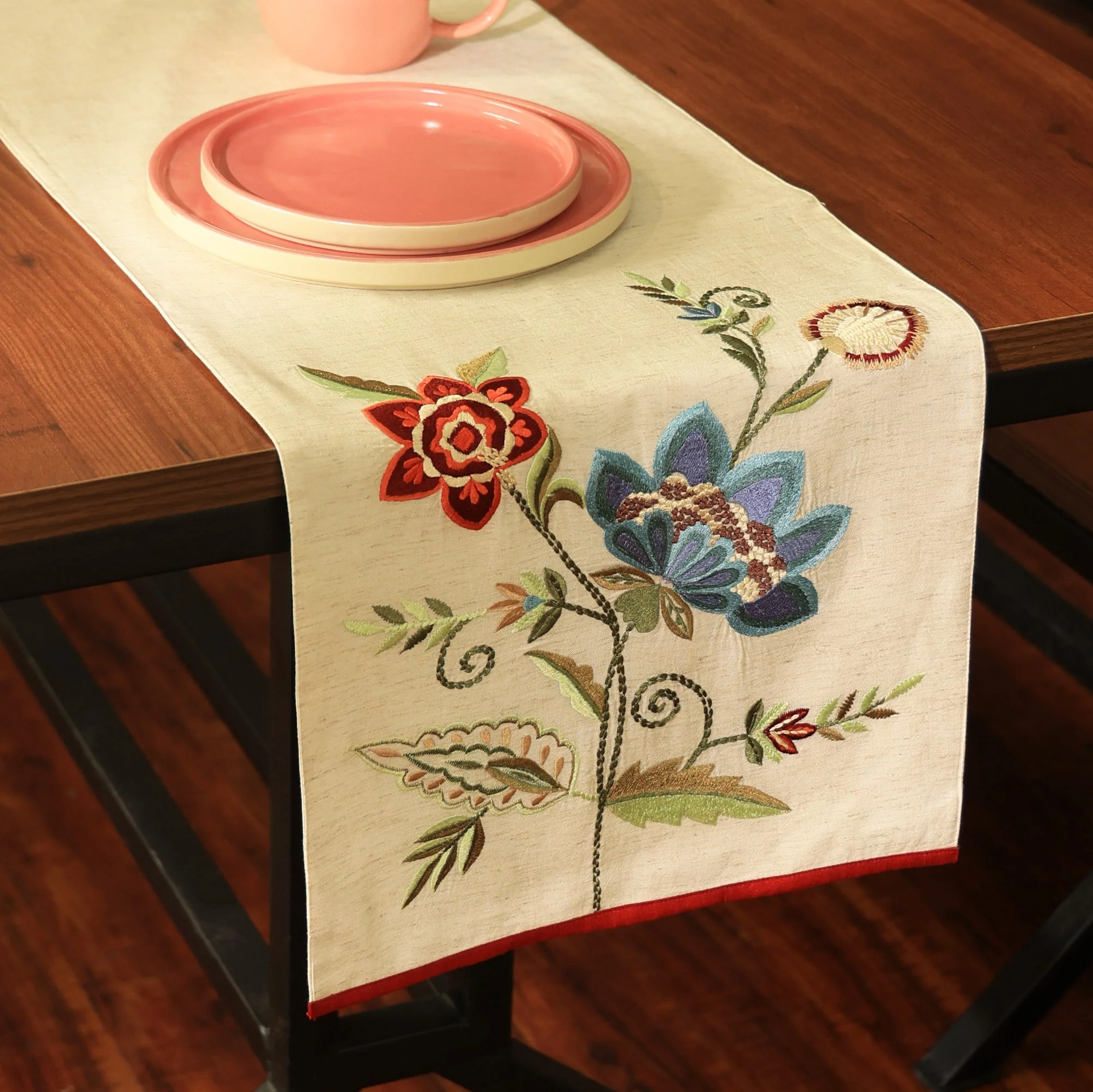 Blue Flower Embroidered Table Runner 72"