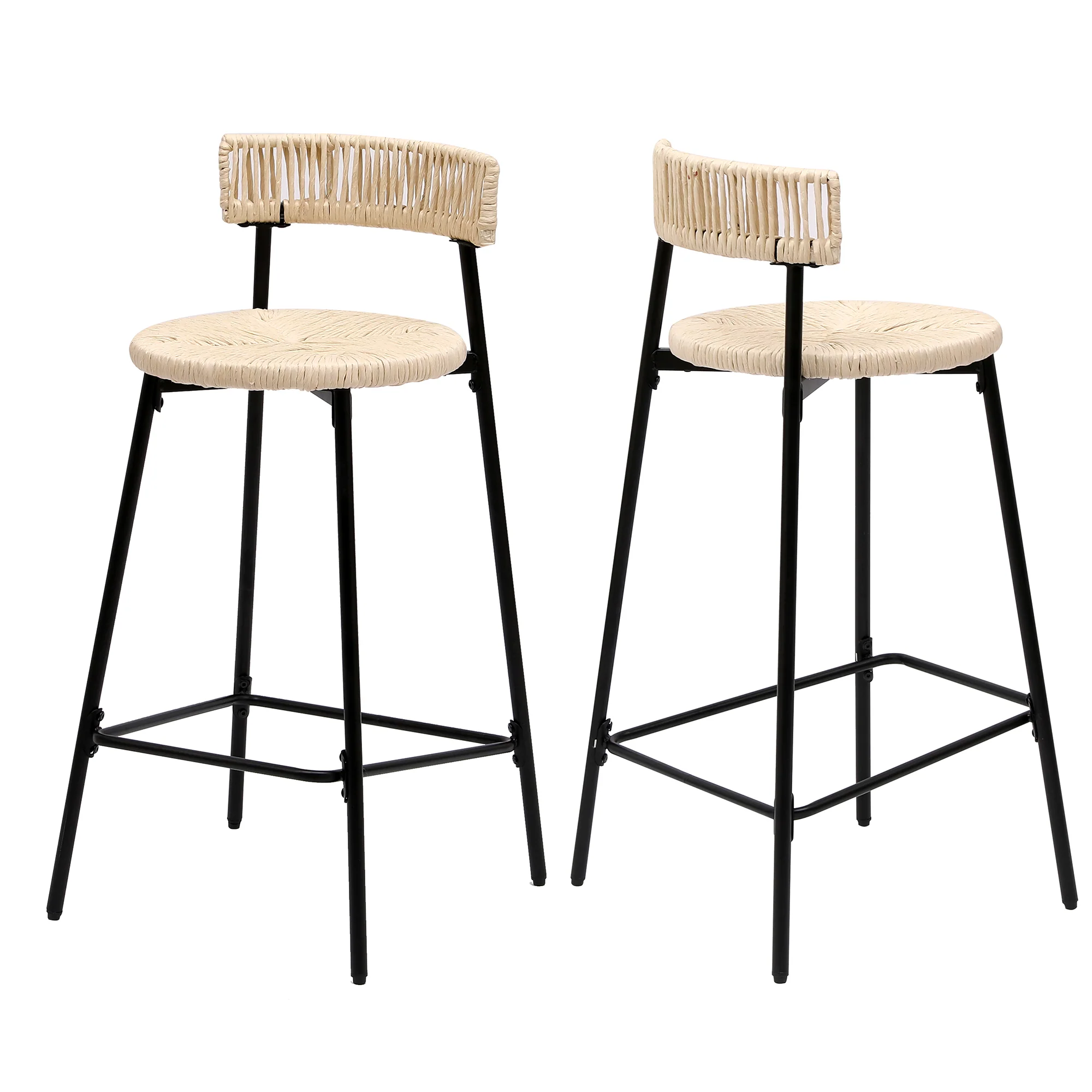Boho Handwoven Paper Rope Counter Stools, Set of 2