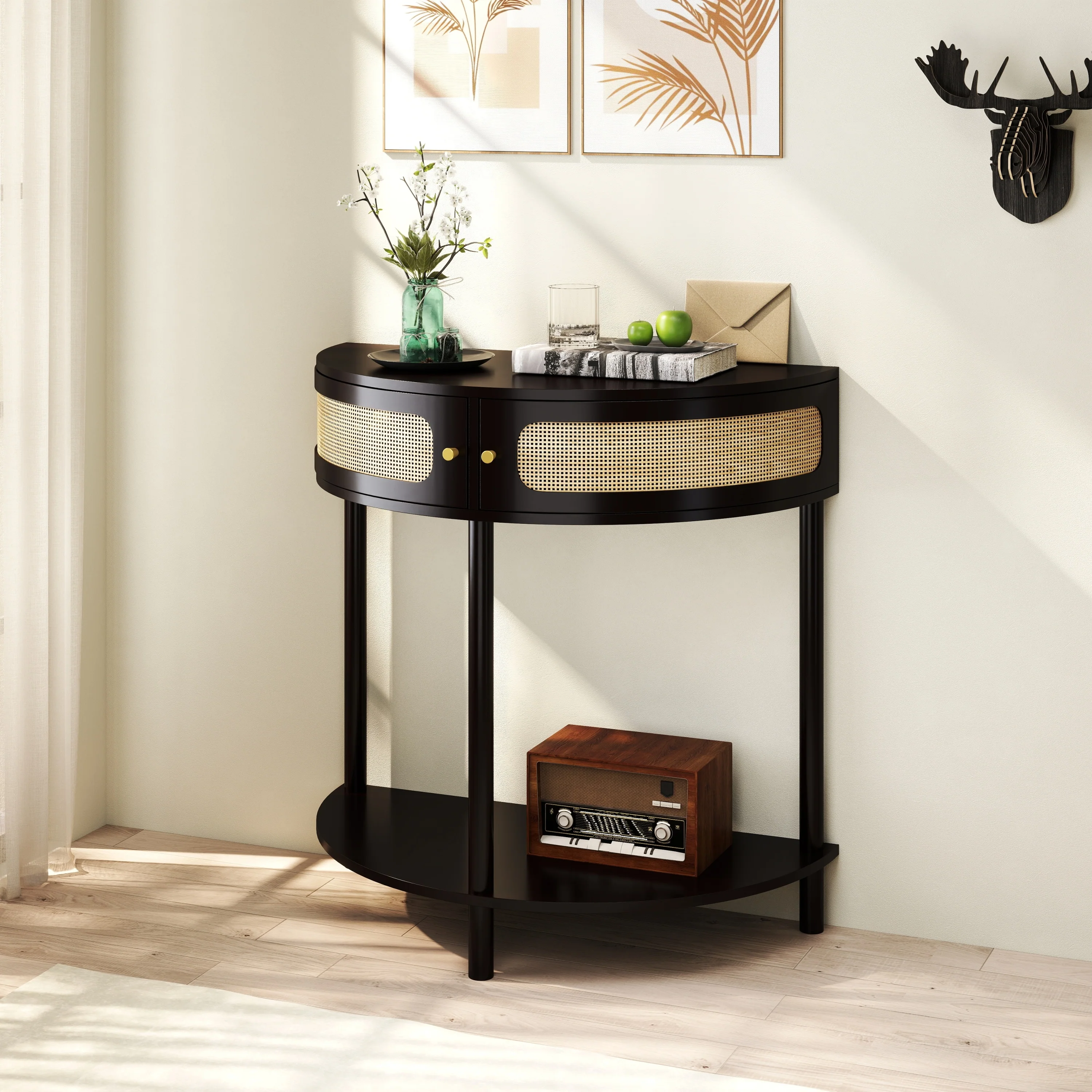 Boho Rattan Semi Circle End Table with Sliding Door - Image 17