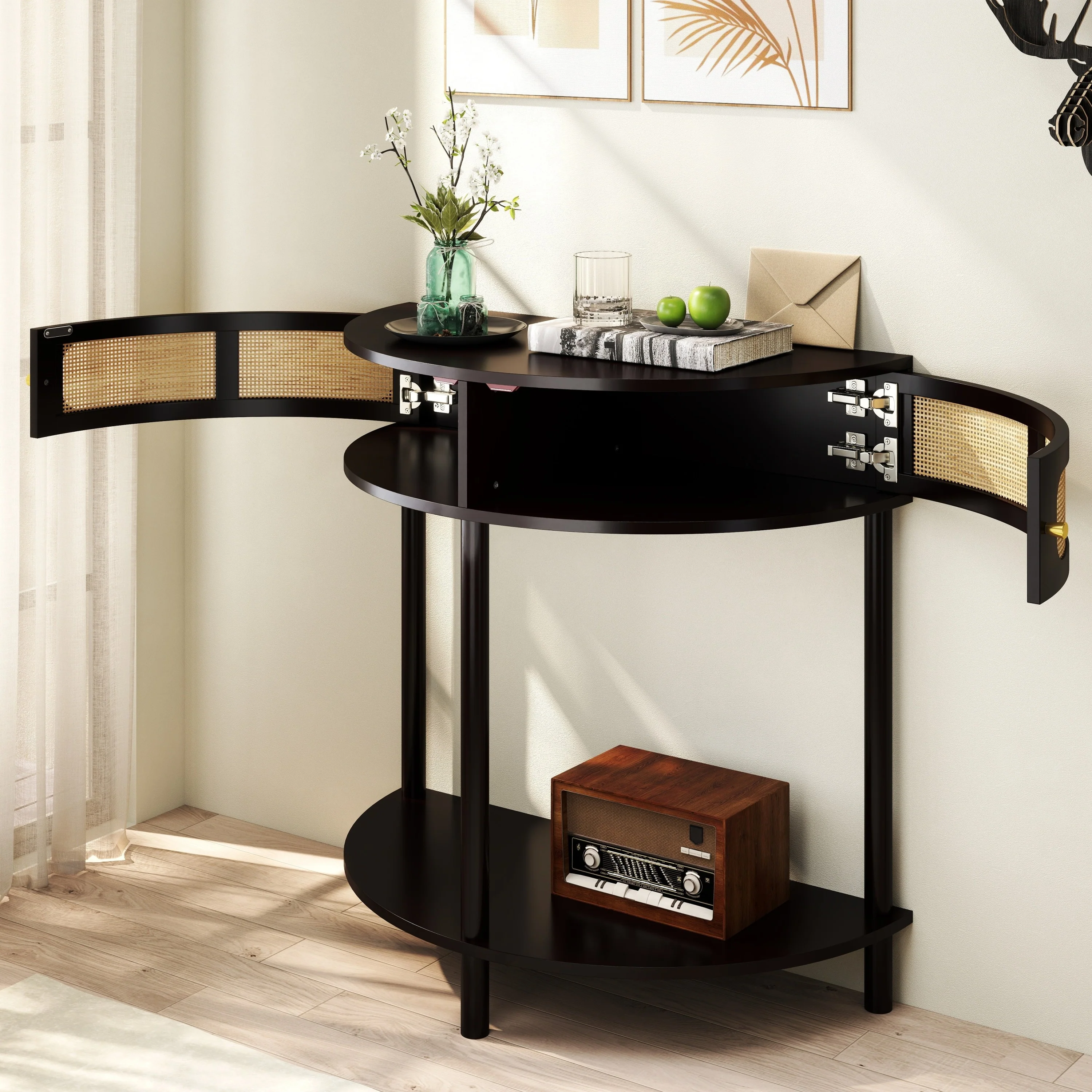 Boho Rattan Semi Circle End Table with Sliding Door - Image 18