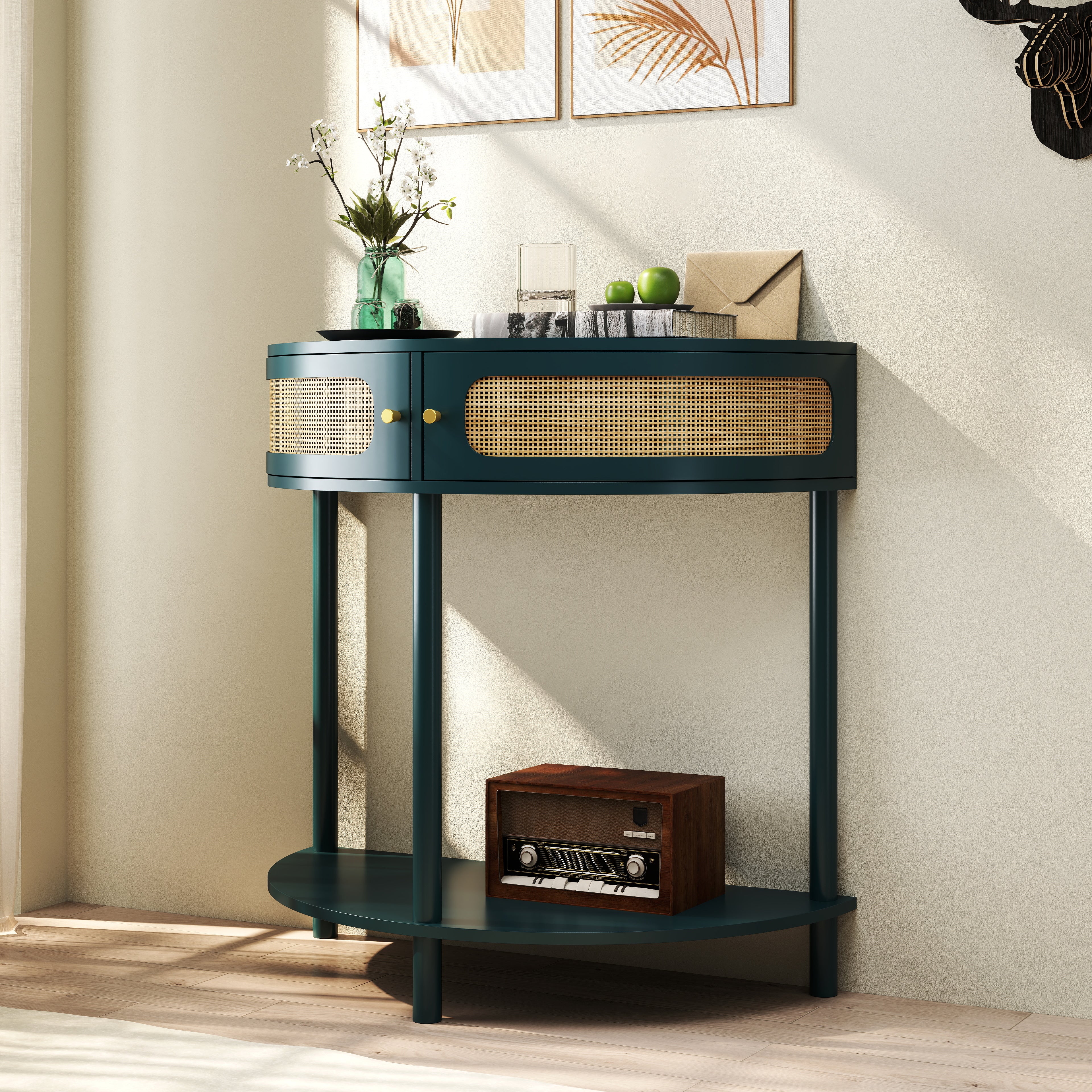Boho Rattan Semi Circle End Table with Sliding Door - Image 19
