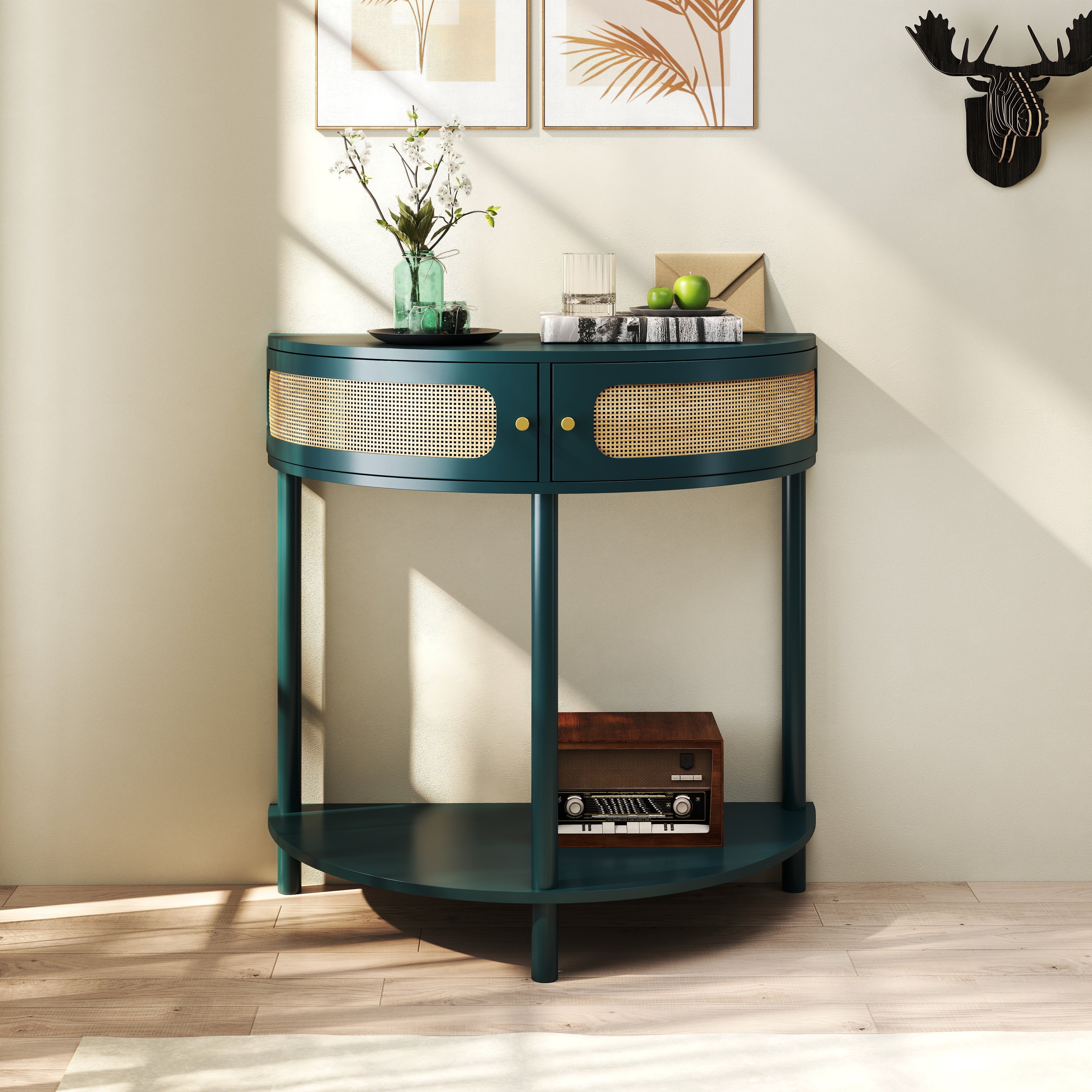 Boho Rattan Semi Circle End Table with Sliding Door - Image 20