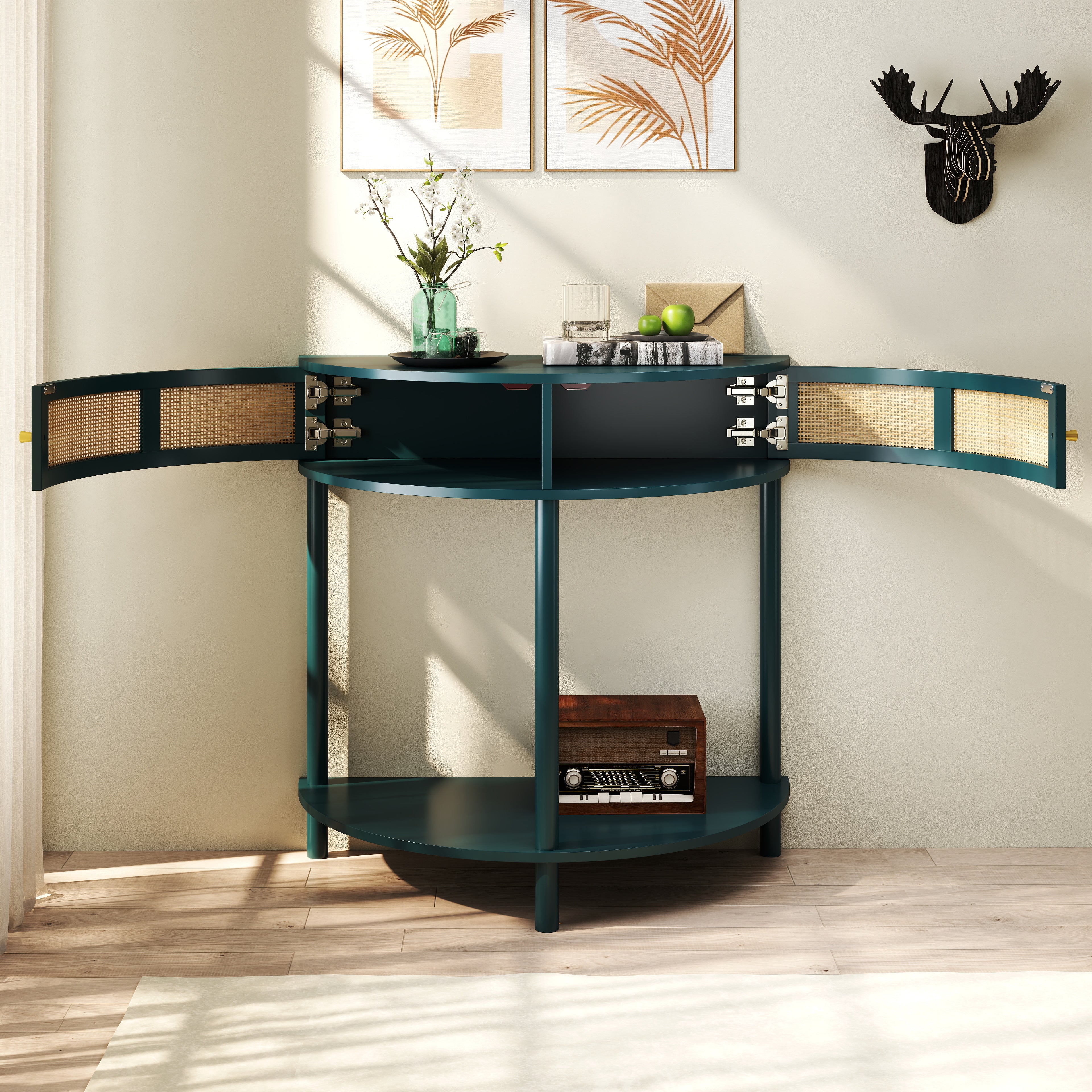 Boho Rattan Semi Circle End Table with Sliding Door - Image 21