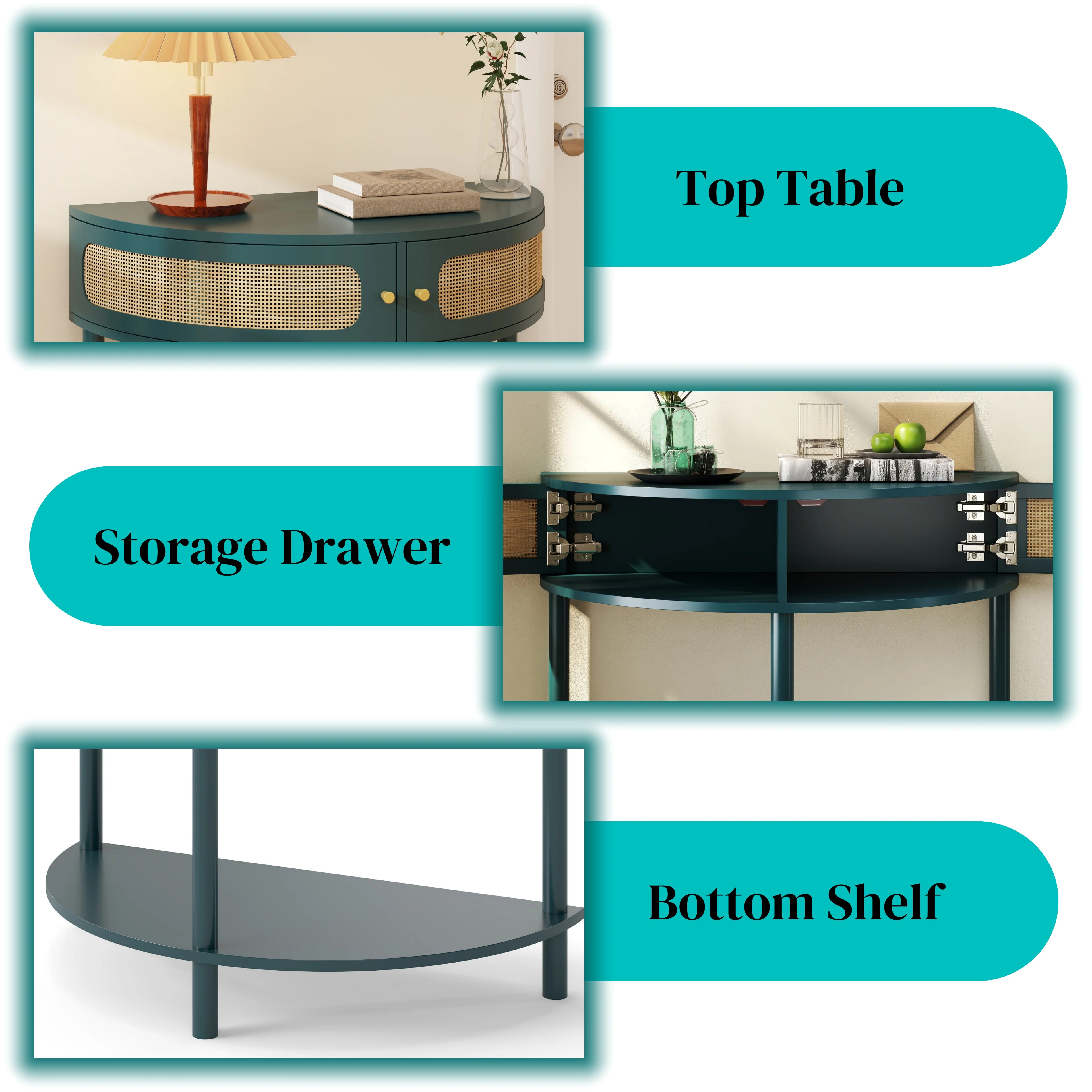 Boho Rattan Semi Circle End Table with Sliding Door - Image 23