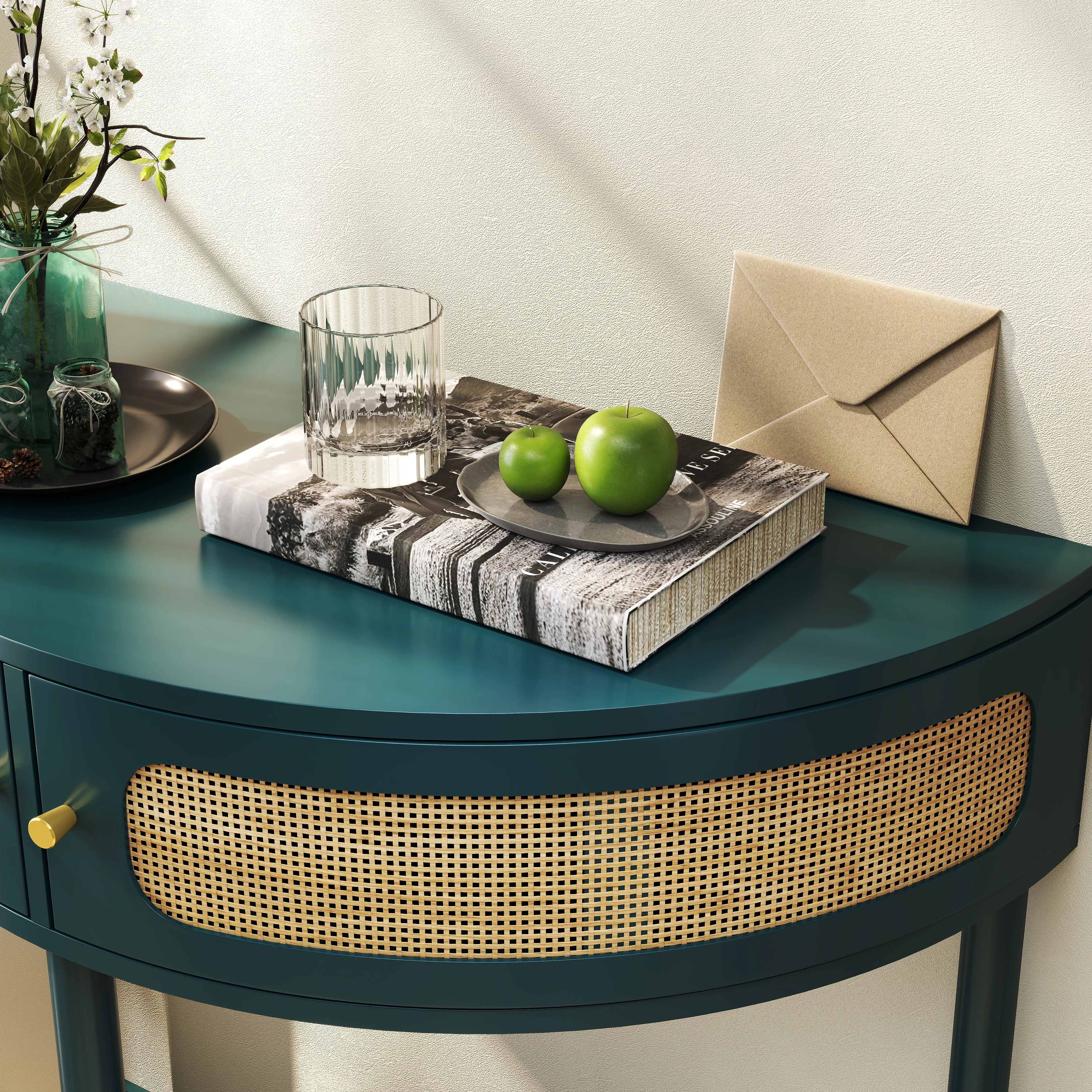 Boho Rattan Semi Circle End Table with Sliding Door - Image 25