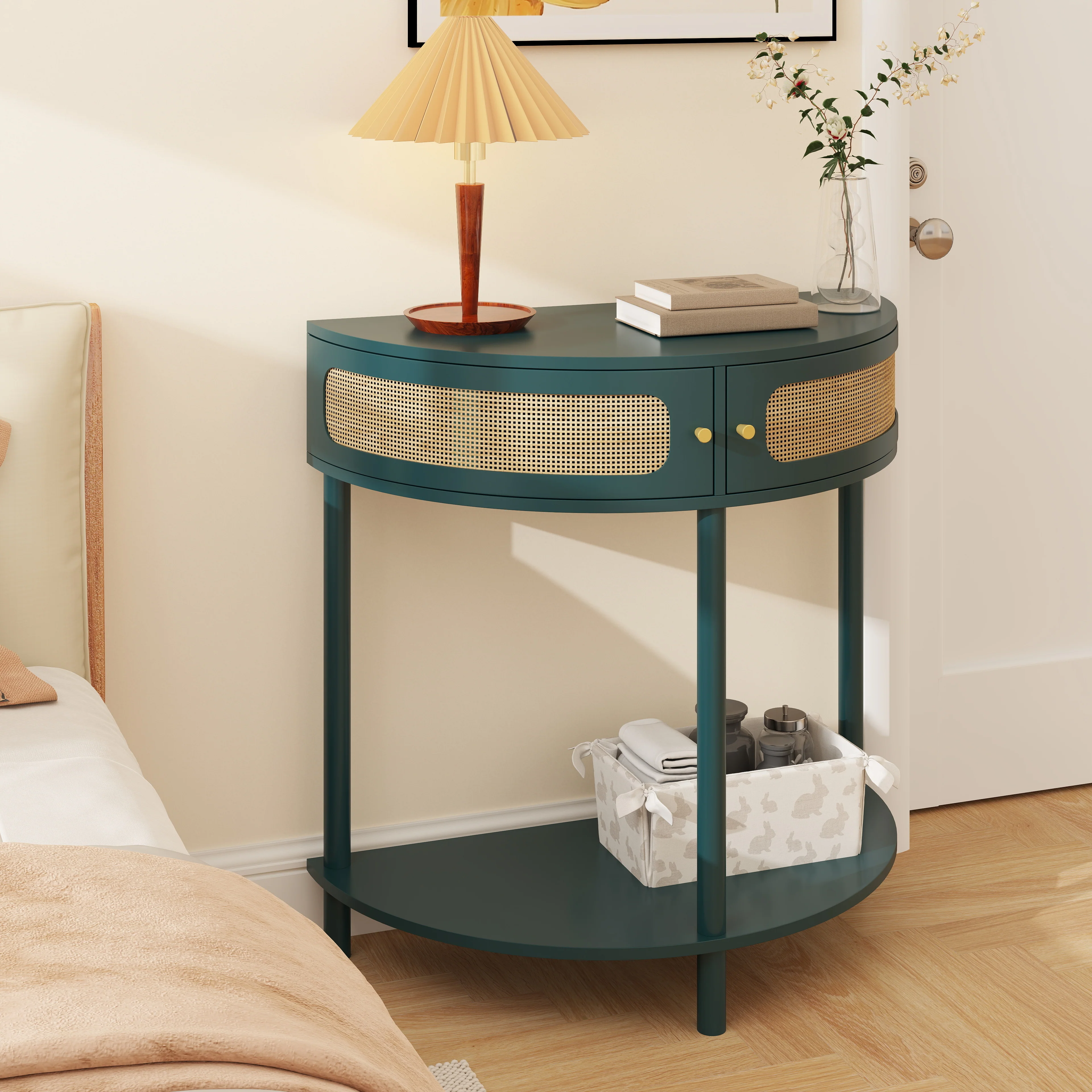 Boho Rattan Semi Circle End Table with Sliding Door - Image 30