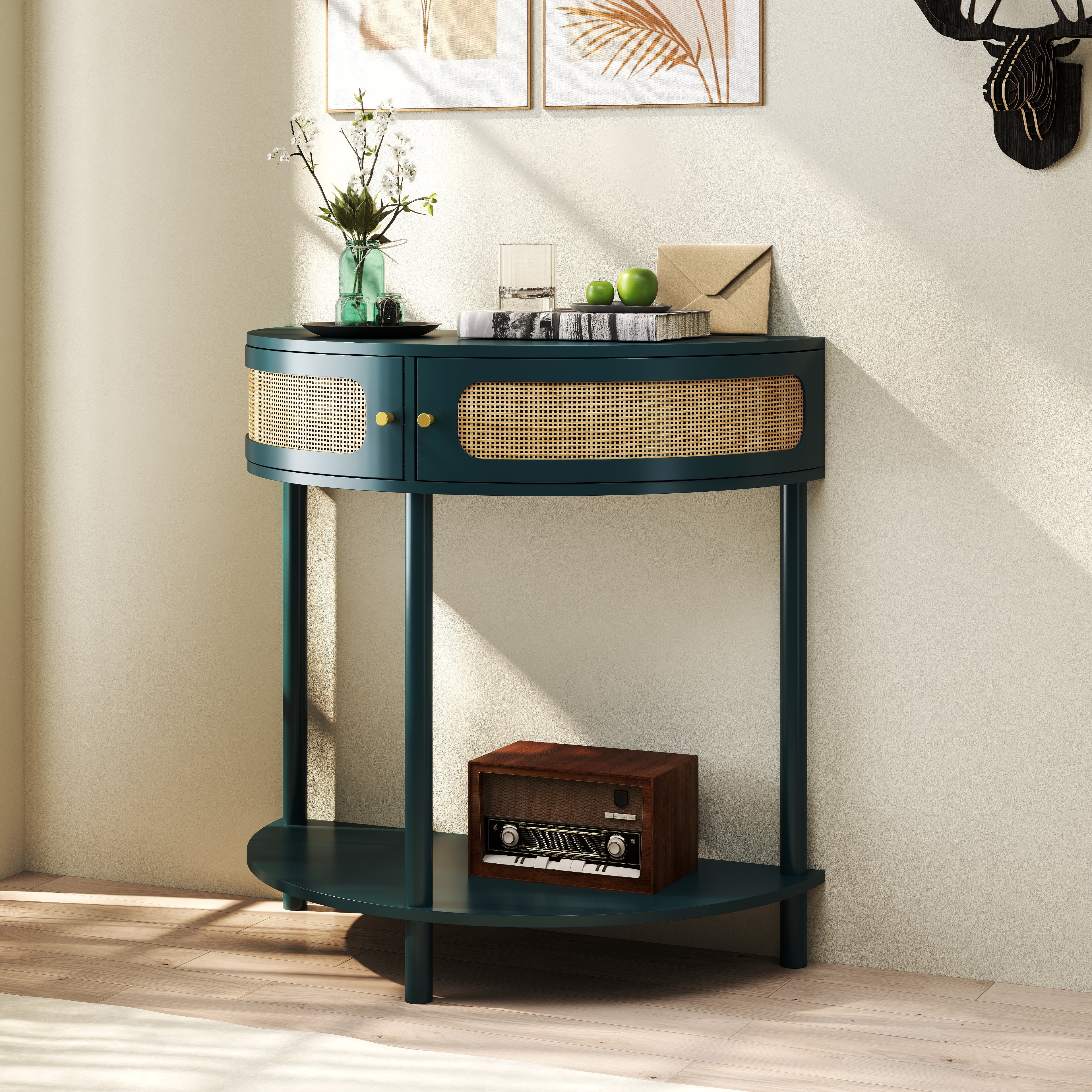 Boho Rattan Semi Circle End Table with Sliding Door - Image 31