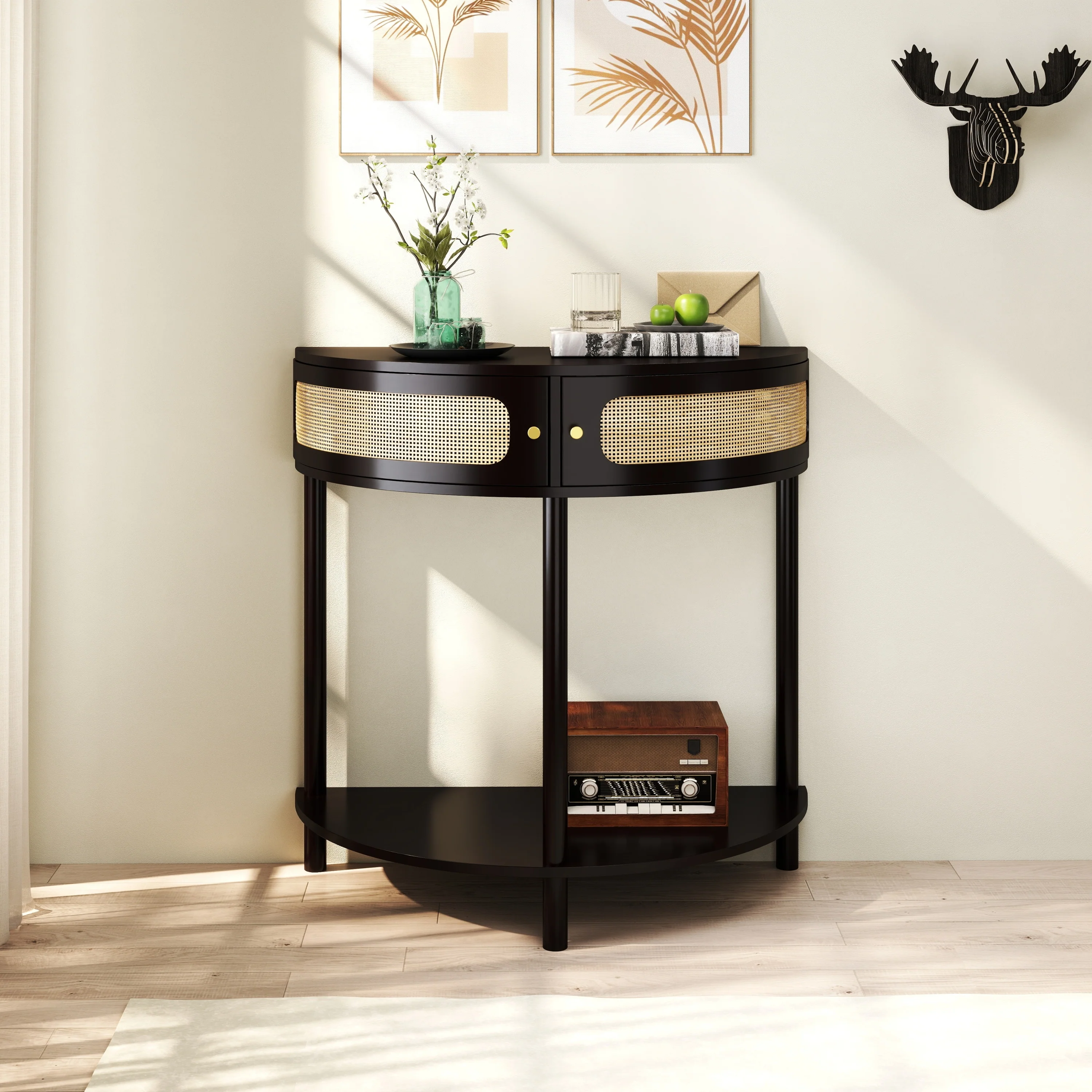 Boho Rattan Semi Circle End Table with Sliding Door - Image 4