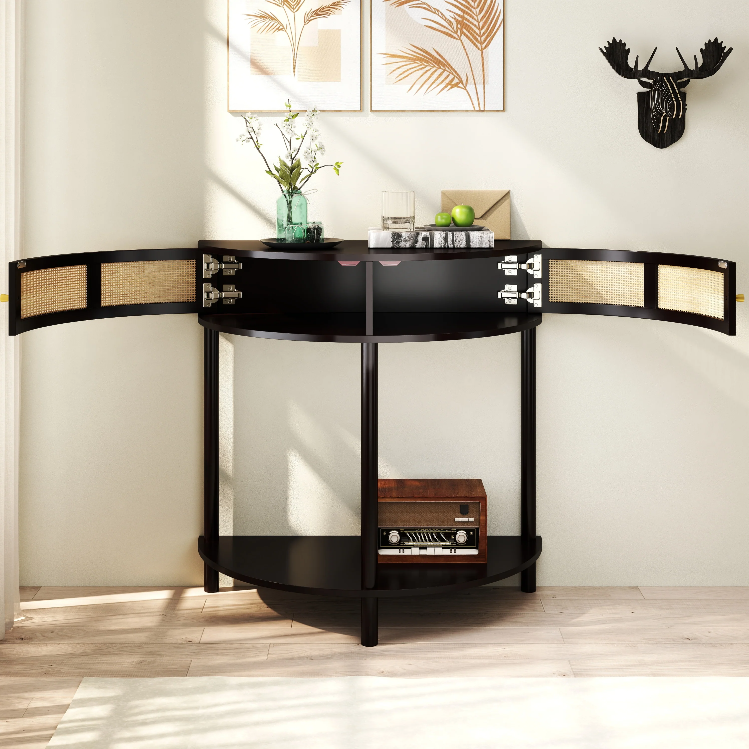 Boho Rattan Semi Circle End Table with Sliding Door - Image 5
