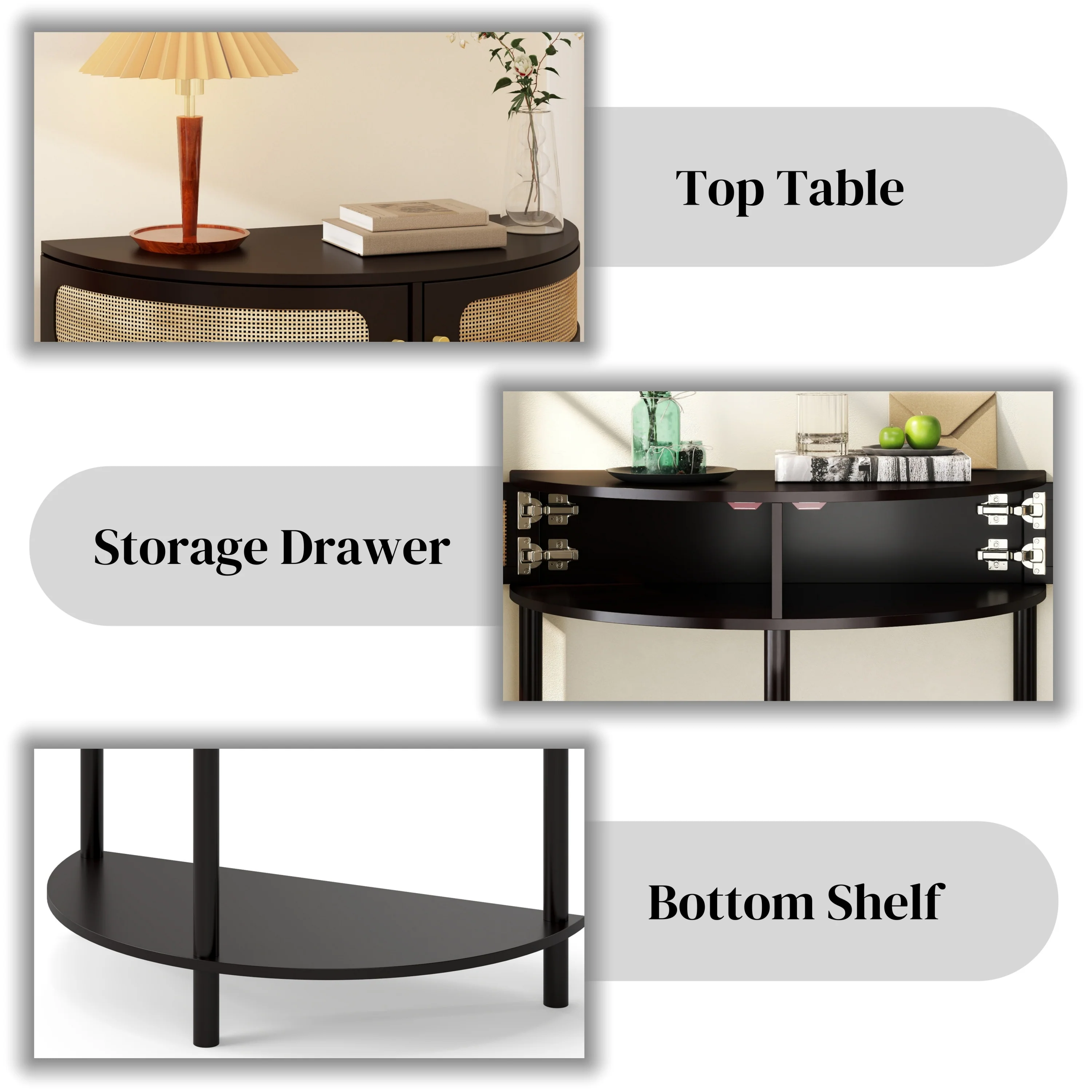 Boho Rattan Semi Circle End Table with Sliding Door - Image 7