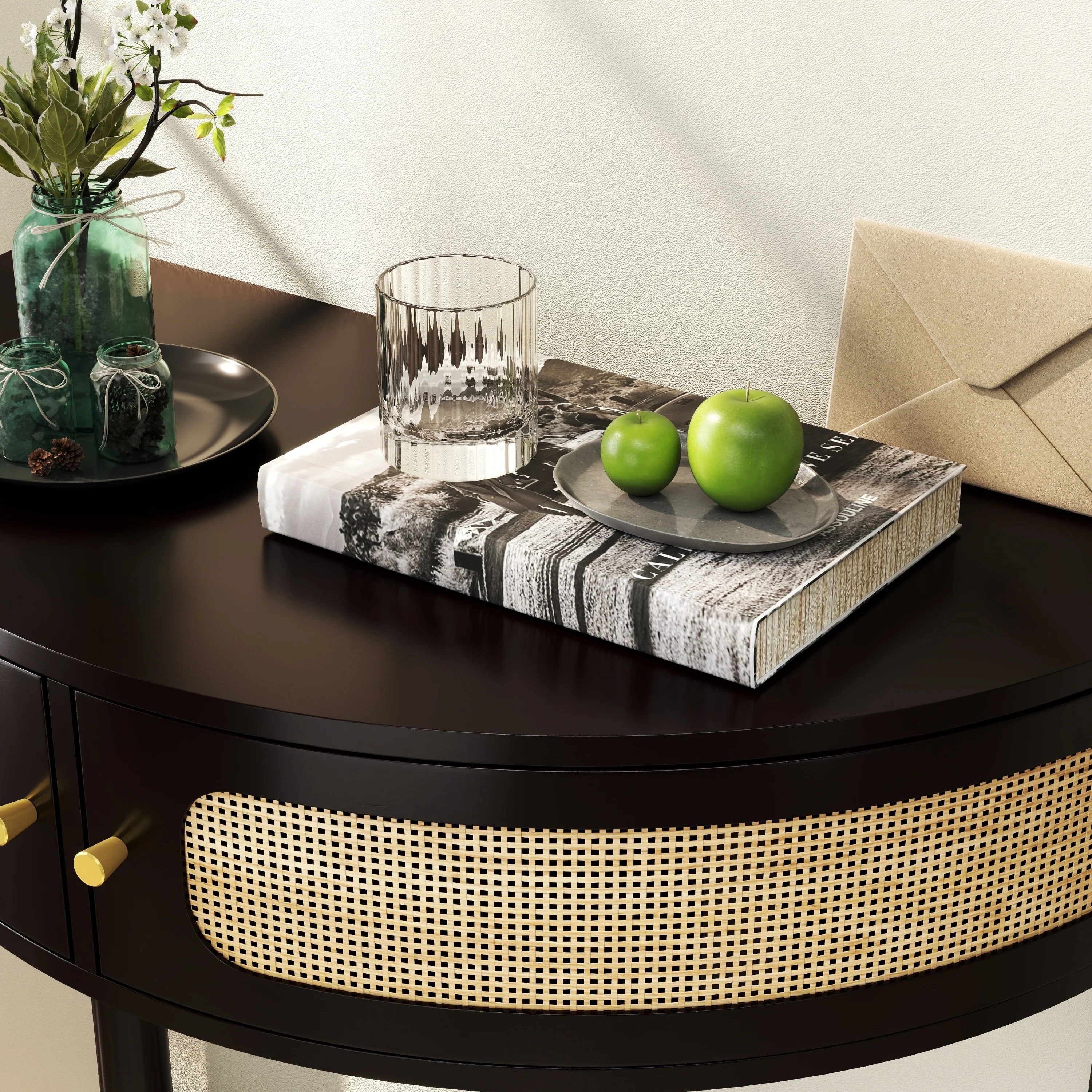 Boho Rattan Semi Circle End Table with Sliding Door - Image 8