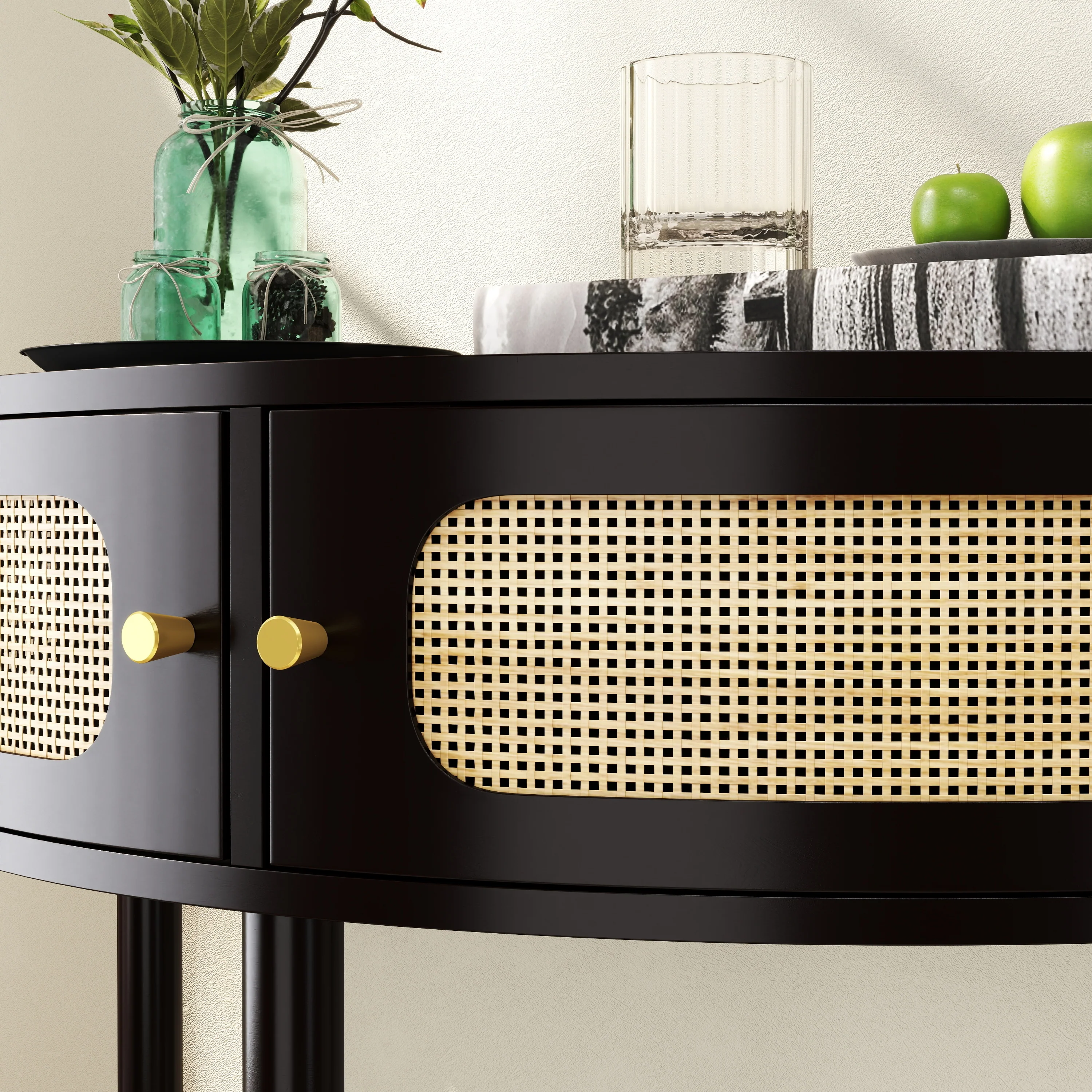 Boho Rattan Semi Circle End Table with Sliding Door - Image 9
