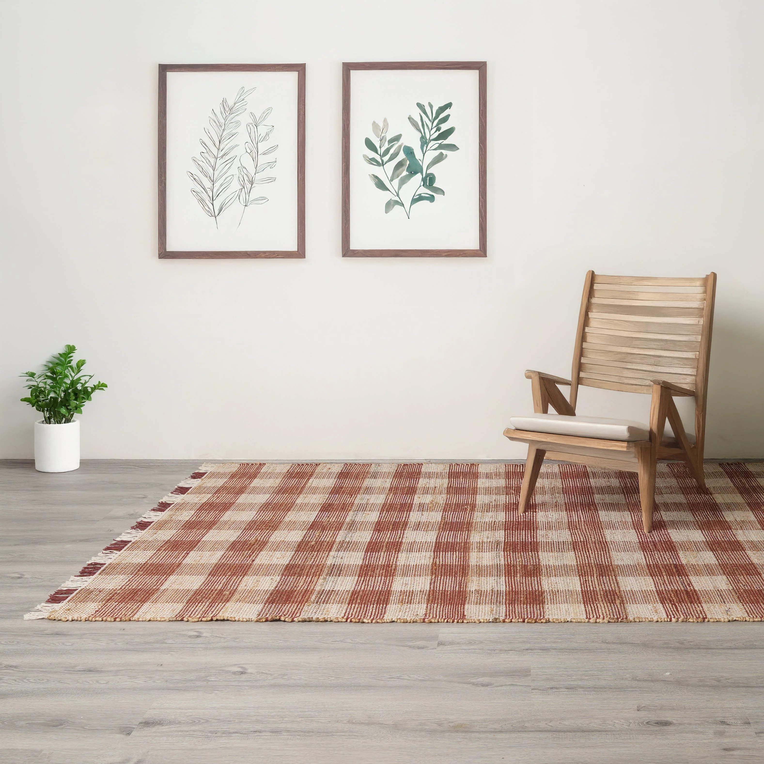 Brown Artisan Hand Woven Jute & Cotton Plaid Rug - Image 3